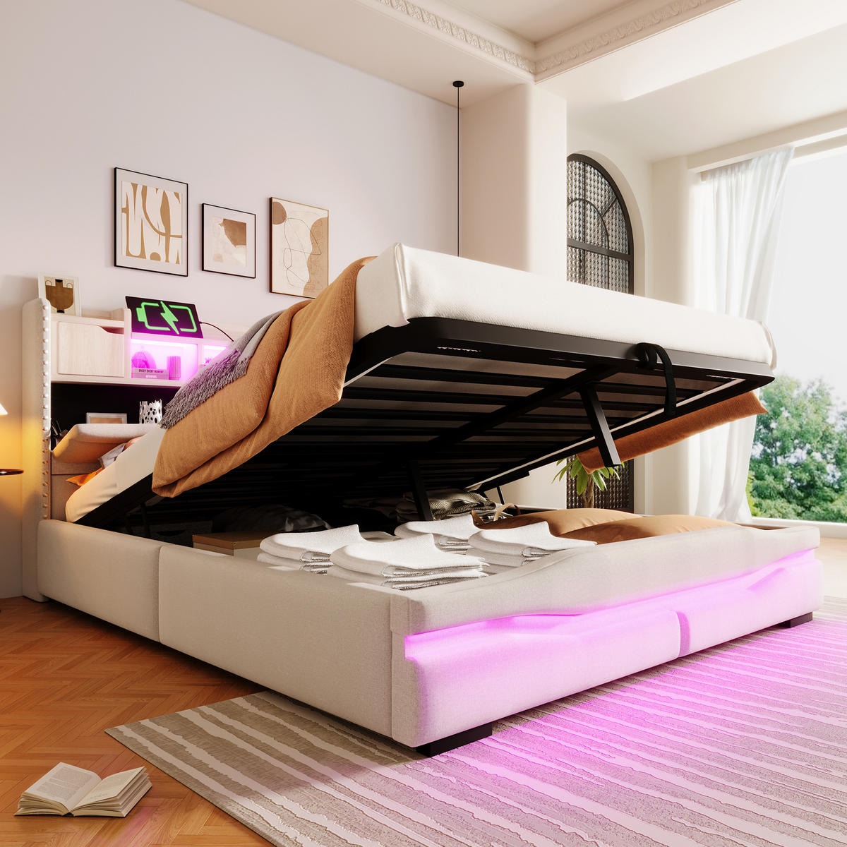 POLSTERBETT 160x200cm Beige USB-C LED-Licht Kopfteil Hydraulik - Beige, Holz (160/200cm) - FLIEKS