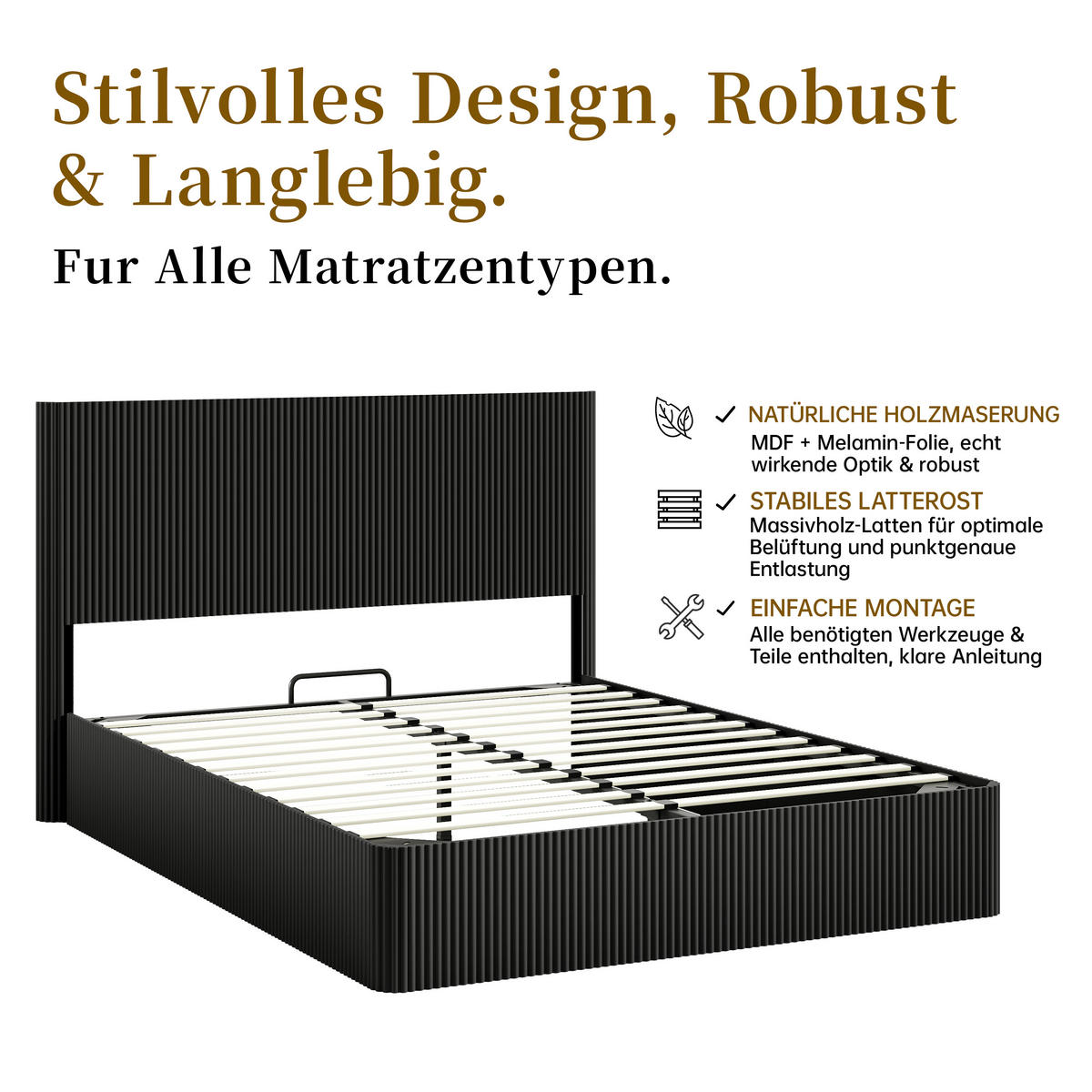 BETT 160/200 cm in Schwarz mit Stauraum, Lift-System und Rillenoptik - Schwarz, Holzwerkstoff/Metall (160/200cm) - WISHDOR