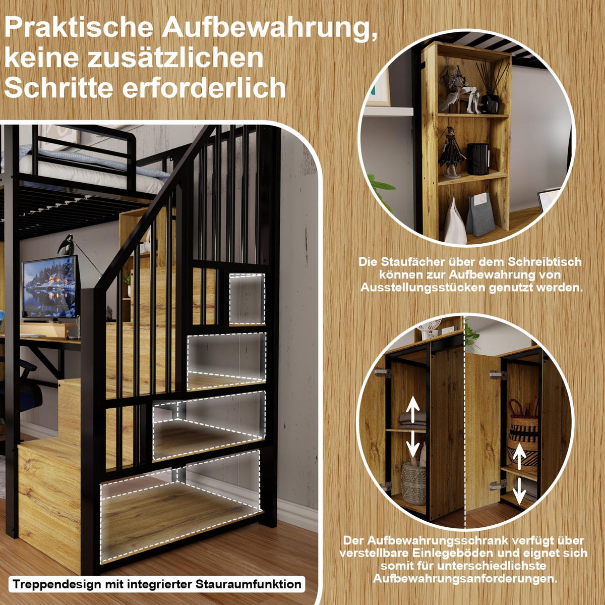 HOCHBETT Metall-Holz 90x200 cm Schwarz mit Schreibtisch, Stauraumtreppe, Schrank & USB-Anschluss - Schwarz, Metall (90/200cm) - Modfu