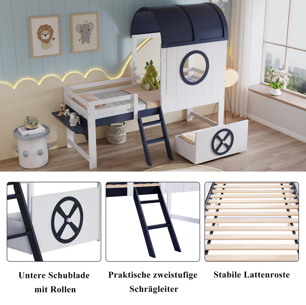 HAUSBETT 90/200 cm mit Dach, Schublade und Fenster in Weiß/Dunkelblau - Weiß, Holzwerkstoff (90/200cm) - BEAOK