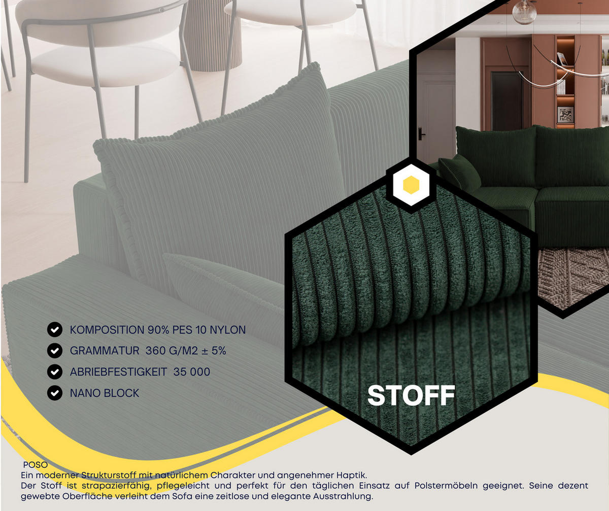 ECKSOFA Tobi mit Bettkasten und Schlaffunktion, L-Form, Cordstoff, Universal - Dunkelgrün, Holzwerkstoff (246/145cm) - 4ALL HOME