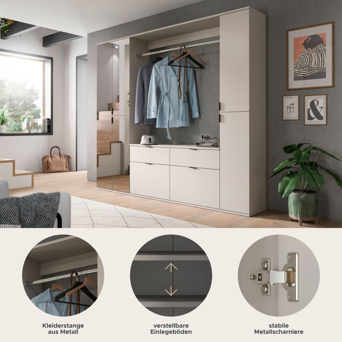 GARDEROBE Nexus 3-tlg. (B/H/T: ca. 212/193/34 cm) in Kaschmir/Kaschmir - Kaschmir, Holzwerkstoff (212/193/34cm)