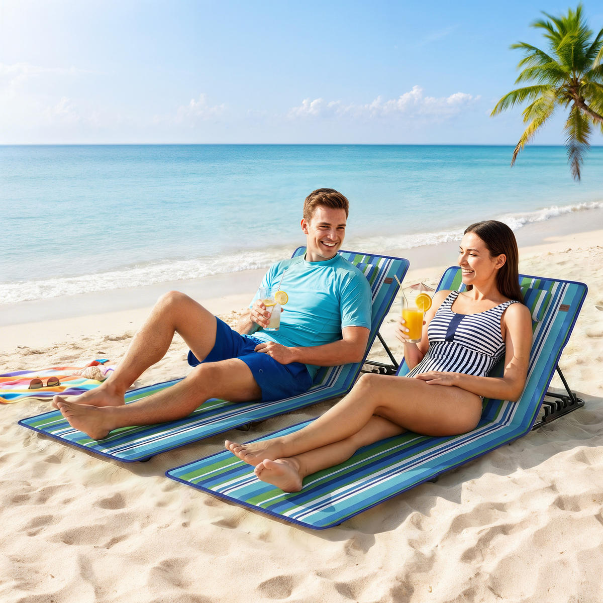 STRANDLIEGE 2er Set Stahl Oxfordstoff Blau+Grün+Weiß - Multicolor/Schwarz, Textil/Metall (57/52/154cm) - Outsunny