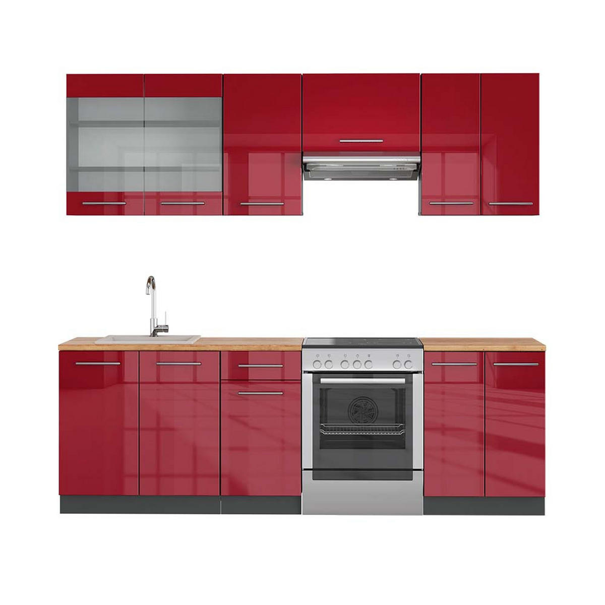 KÜCHENZEILE Fame-Line Bordeaux Hochglanz 240 cm, AP Eiche - Bordeaux/Anthrazit, Holzwerkstoff (240/81.6/60cm) - Vicco