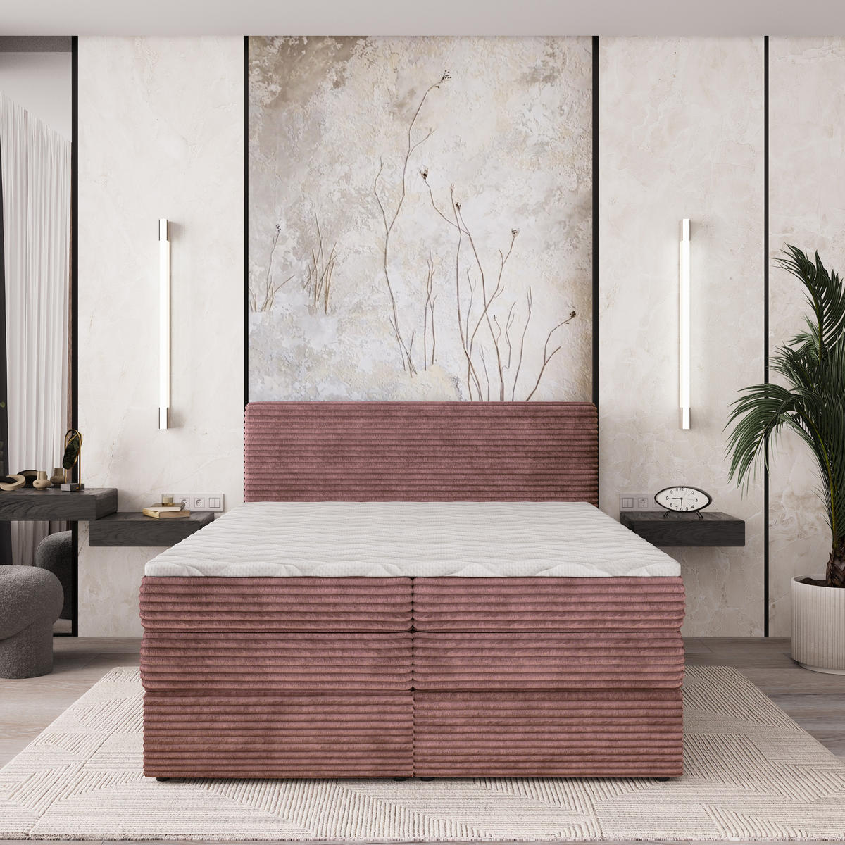 BOXSPRINGBETT LUNERA 160x200 cm mit Matratze und Topper - Rosa - Rosa, Holz (160/200cm) - MASSENO