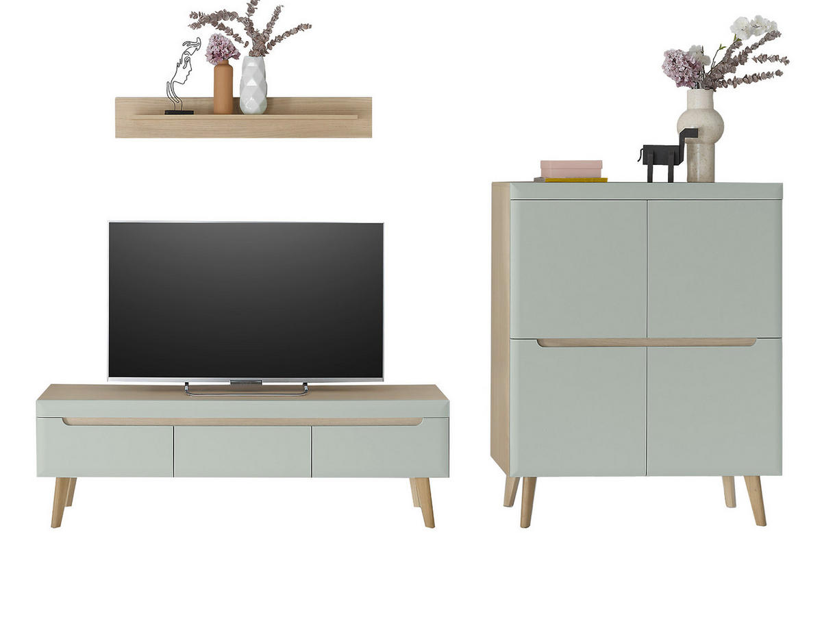 WOHNWAND 3-teilig pistazie grün, Eiche, skandinavisch 287 cm, Schrankwand mit Soft-Close - Eichefarben/Pastellgrün, Eichenholz/Holz (287/170/40cm) - Furn.Design