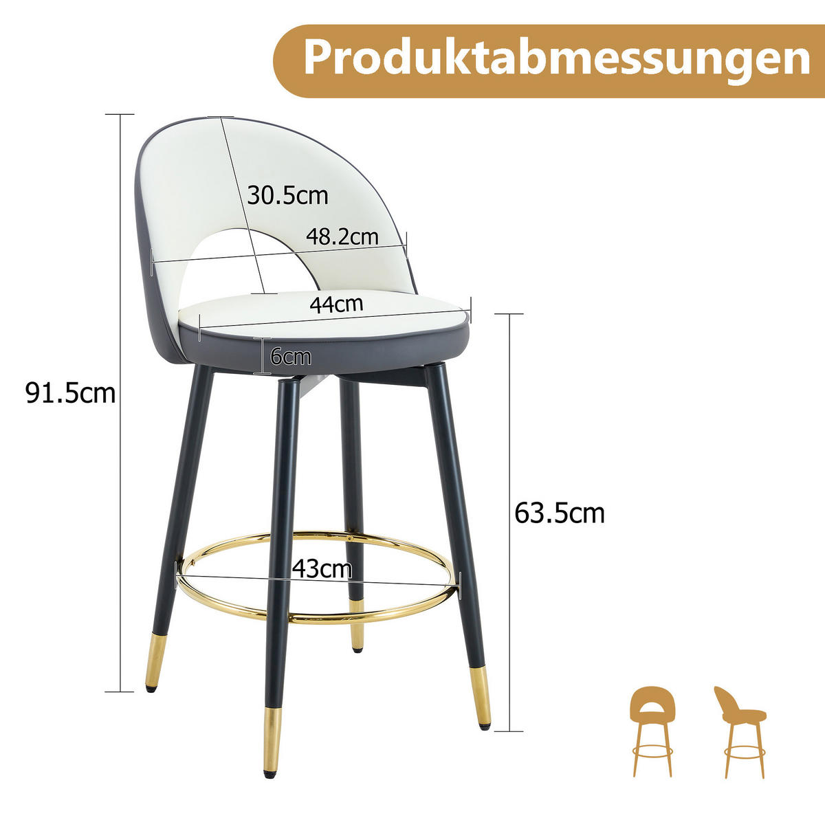 BARHOCKER 360° drehbar PU-Leder Metallgestell Dark Gray/White 2er-Set - Weiß, Metall (44/92/44cm) - Meubliv