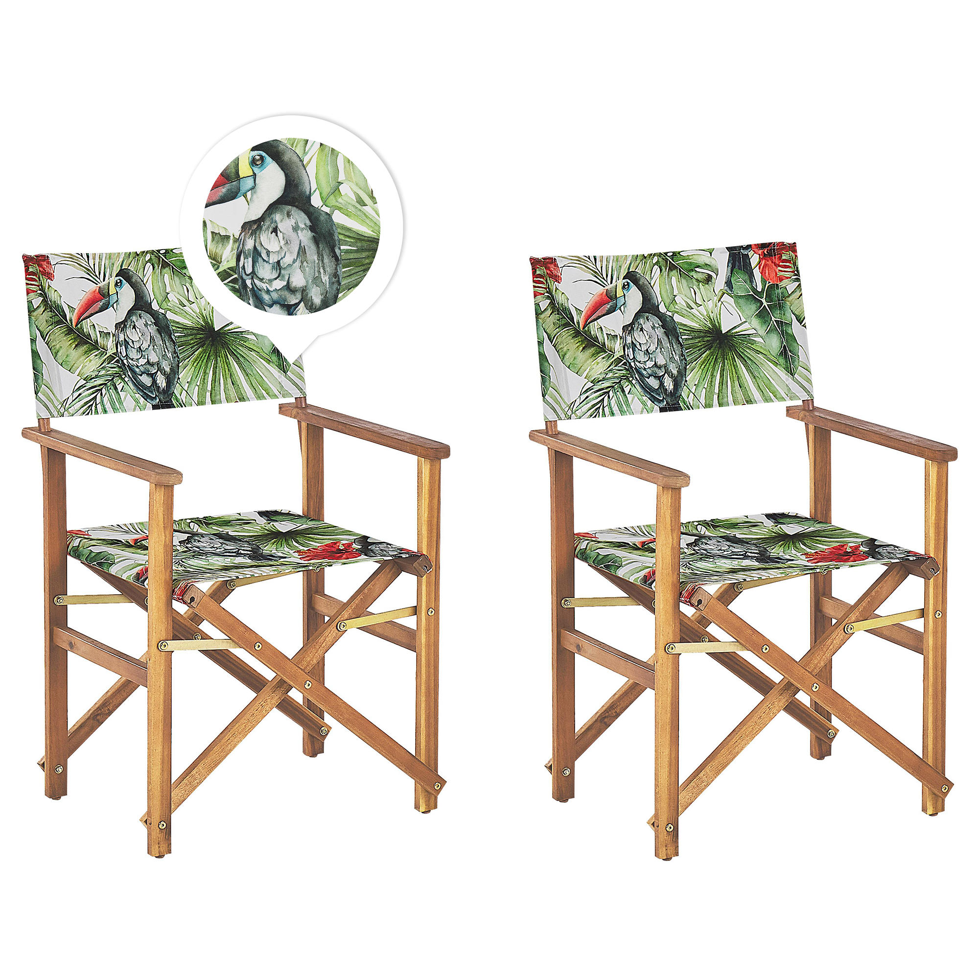 GARTENSTUHL 2er-Set Akazienholz hellbraun Auflagen grau/bunt Tukanmotiv Cine - Hellbraun/Multicolor, Holz (50/91/50cm) - Beliani