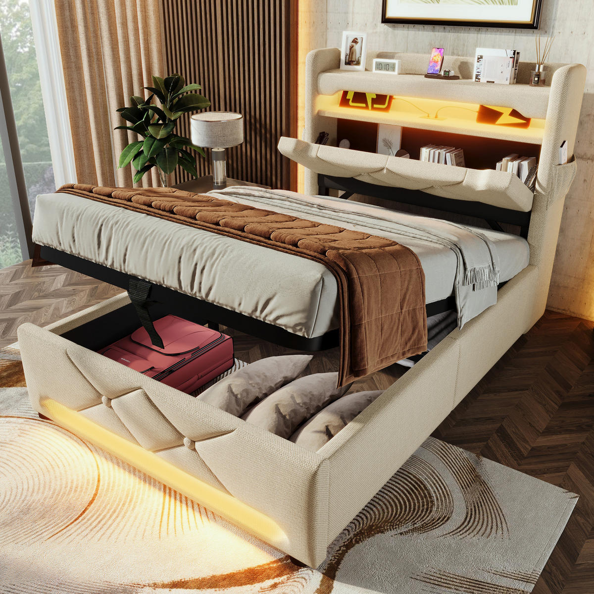 BETT mit LED, USB und Stauraum 90x200 cm Leinen Beige - Beige, Metall (90/200cm) - Meubliv