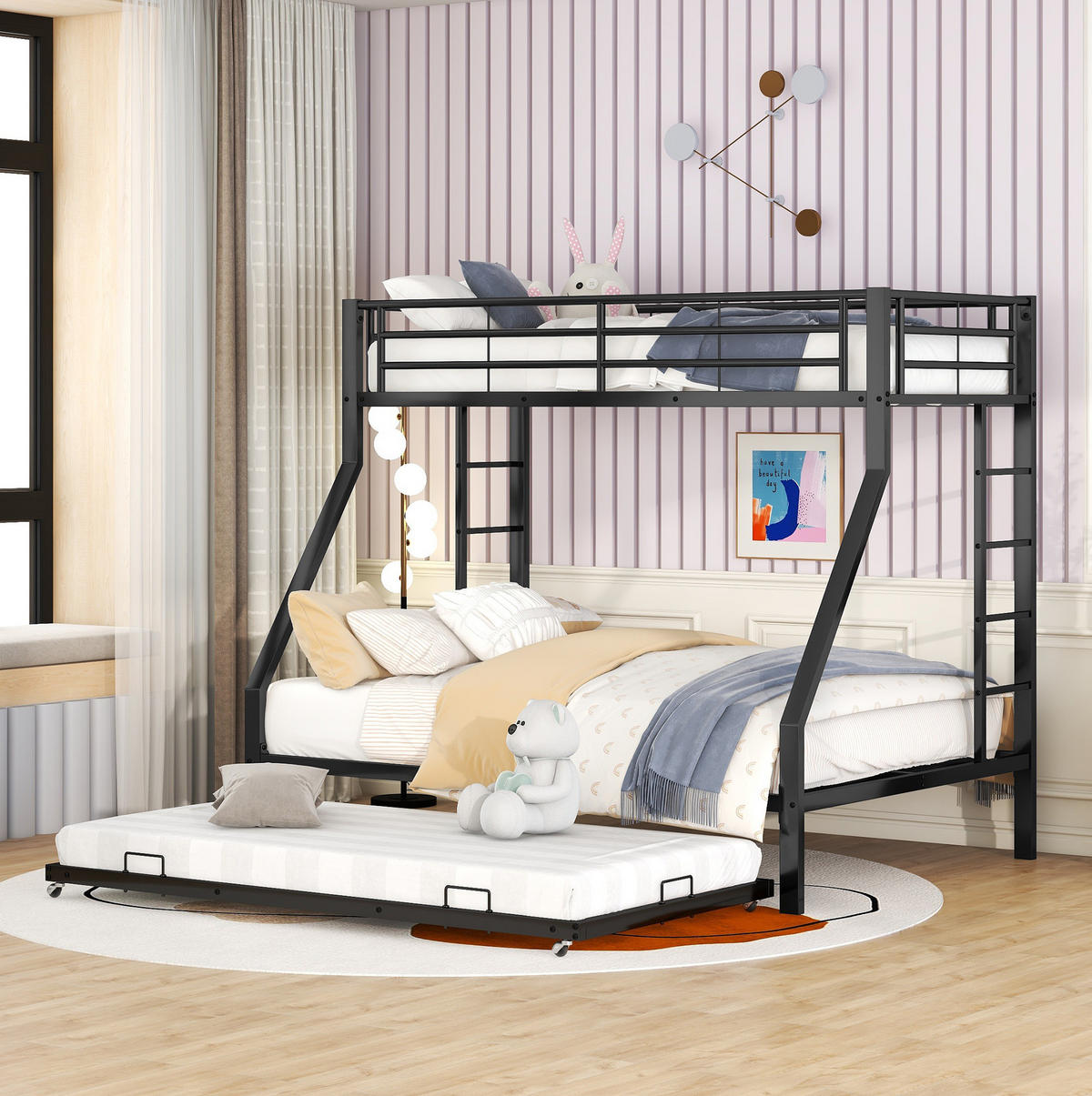 ETAGENBETT aus Metall 90/200 cm und 140/200 cm in Schwarz mit Ausziehbett - Schwarz, Metall (90/200cm) - MIVRAY