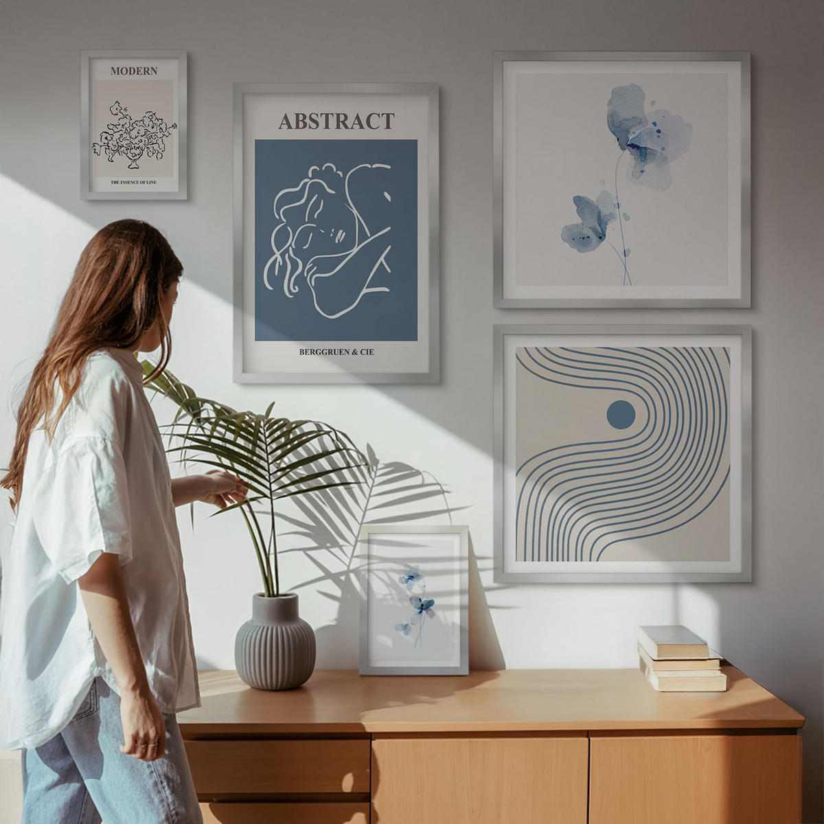 WANDBILDER 5er Set - 50x50 cm & 20x30 cm & 40x60 cm Silberner Rahmen - abstrakte Poster mit Blumenlinien - Silberfarben, Kunststoff (40/60cm) - ArtPrintCave