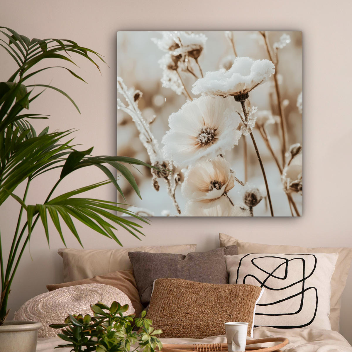 LEINWANDBILD Blumen - Winter - Weiß - Schnee - Beige 90x90 cm - Creme, Textil (90/90cm) - MuchoWow