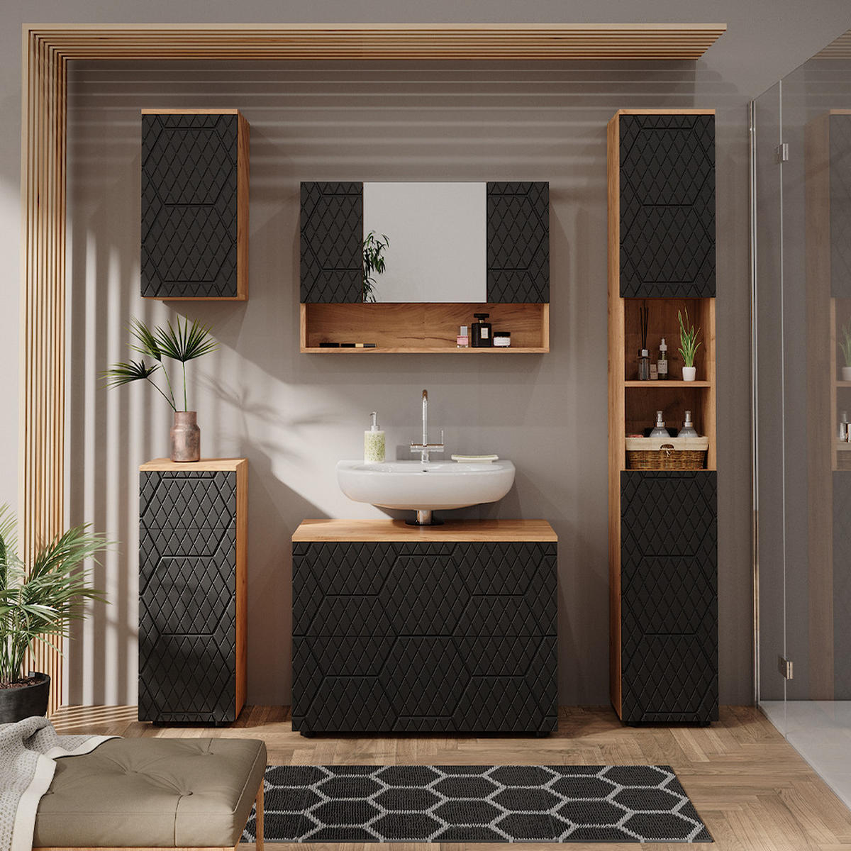 BADMÖBEL-SET Irma Anthrazit gestreift 5 Teile - Honigeiche/Anthrazit, Holzwerkstoff (80/58.6/41cm) - Vicco