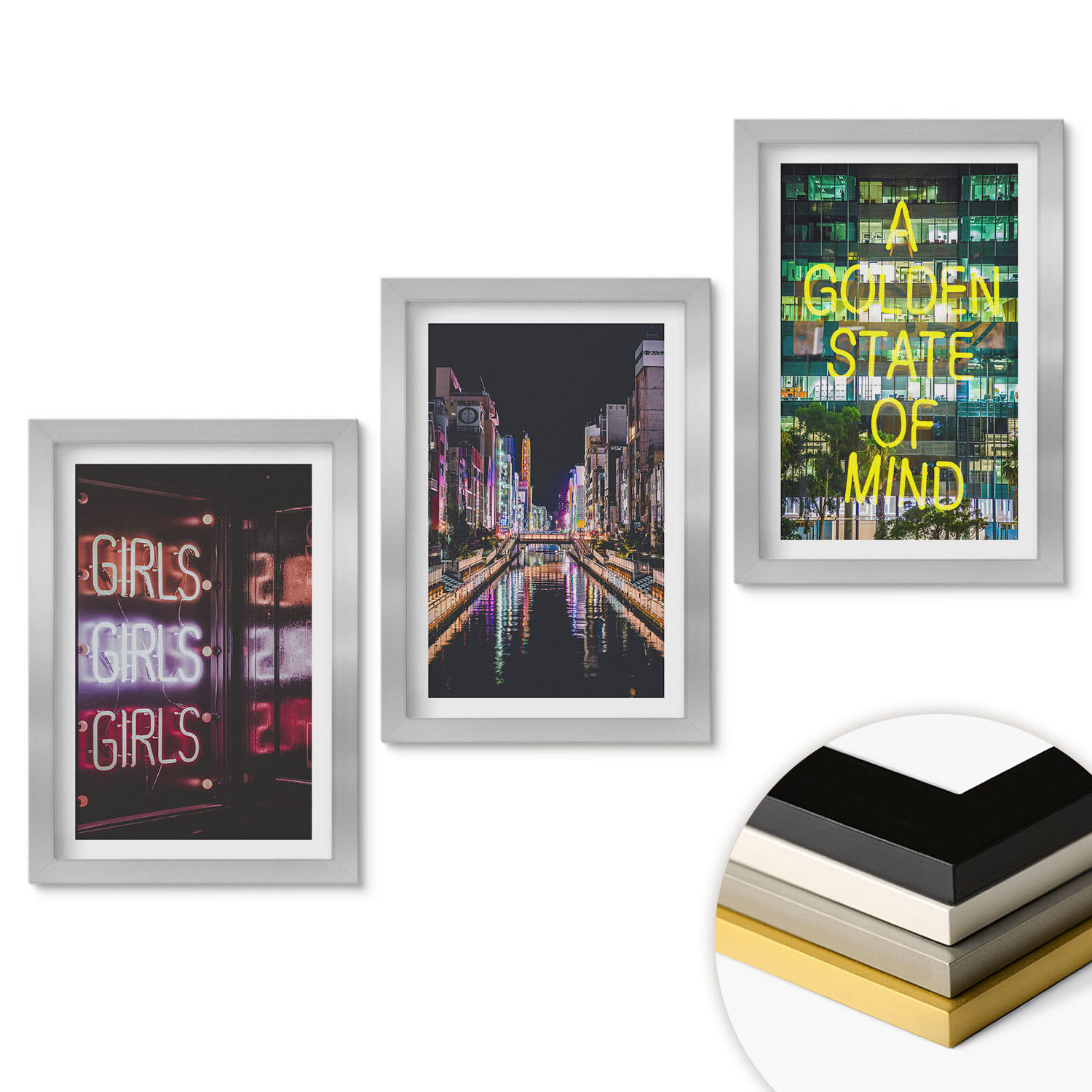 WANDBILDER 3er Set - 20x30 cm Silberner Rahmen - Neonlichter am Fluss bei Nacht - Silberfarben, Kunststoff (20/30cm) - ArtPrintCave