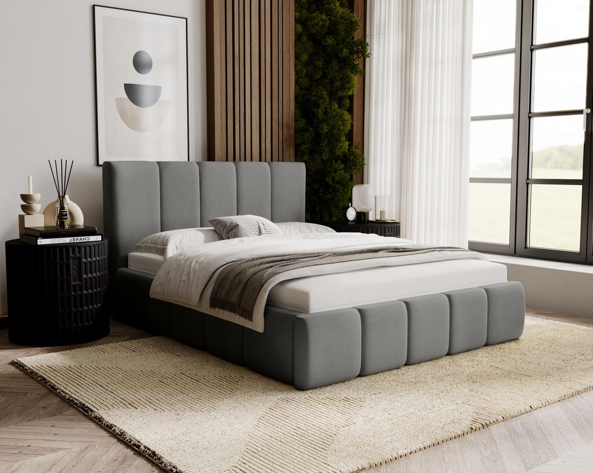 POLSTERBETT mit Kopfstütze Buchel 160x200 cm, Grau - Grau, Textil (160/200cm) - Fedve
