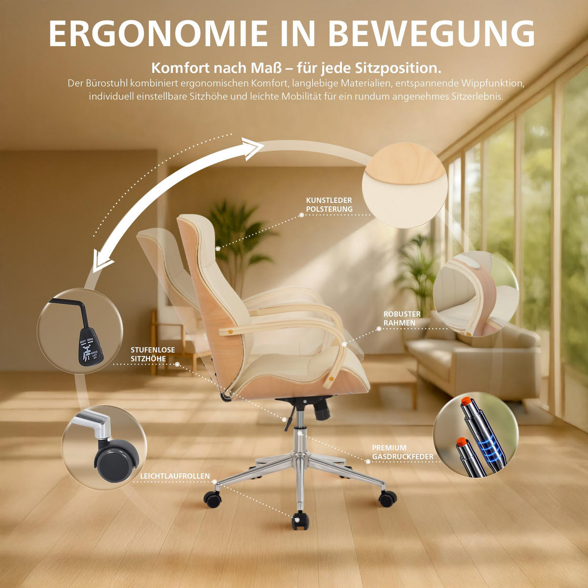 DREHSTUHL Lederlook Natura/Creme - Chromfarben/Eukalyptusholzfarben, Textil/Metall (63/100/68cm) - CLP