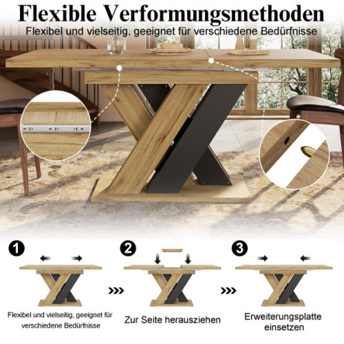 ESSTISCH naturfarben aus MDF mit integriertem Ablagefach und X-Beinen 119–158,5 × 80 × 75 cm - Naturfarben, Holzwerkstoff (158.5/80/75cm) - Luhomfu