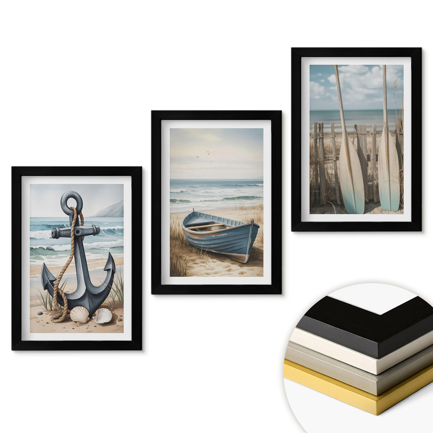 WANDBILDER 3er-Set - 20x30 cm Schwarzer Rahmen - Anker, Boot, Ruder, Strand - Schwarz, Kunststoff (20/30cm) - ArtPrintCave