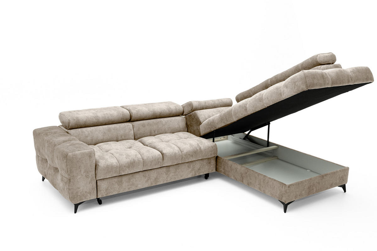 ECKSOFA PUDDING L Rechts mit Schlaffunktion 128x197 Velours Beige - Beige/Schwarz, Holz/Textil (204/270cm) - Muffo