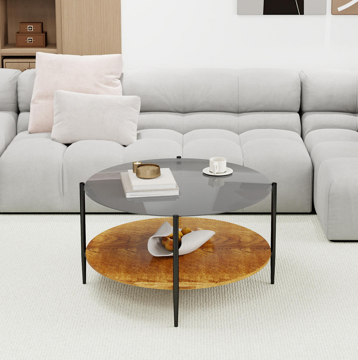 COUCHTISCH Ø 82/45 cm in Schwarz mit Glasplatte und Ablage - Schwarz, Glas (82/82/45cm) - BEAOK