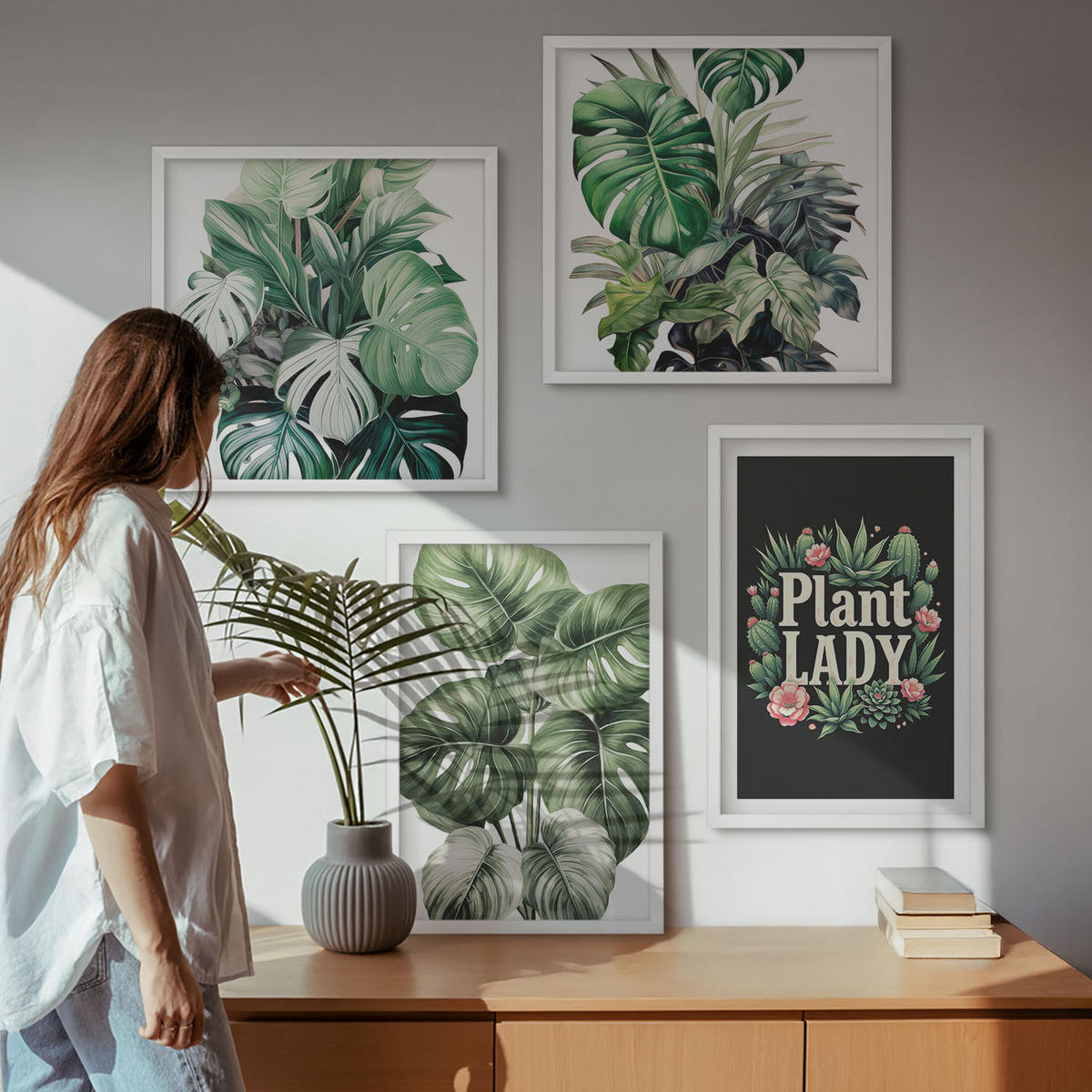 BILDER SET 4er Set - 50x50 cm & 40x60 cm Weißer Rahmen - Tropische Pflanzen, Pflanzenliebhaberin - Weiß, Kunststoff (50/50cm) - TULUP