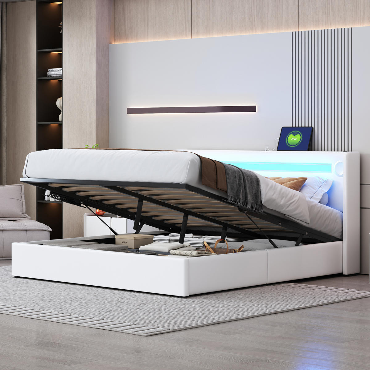 POLSTERBETT mit Bettkasten 160/200 cm in Weiß mit LED, Bluetooth und USB - Weiß, Kunststoff (160/200cm) - BEAOK