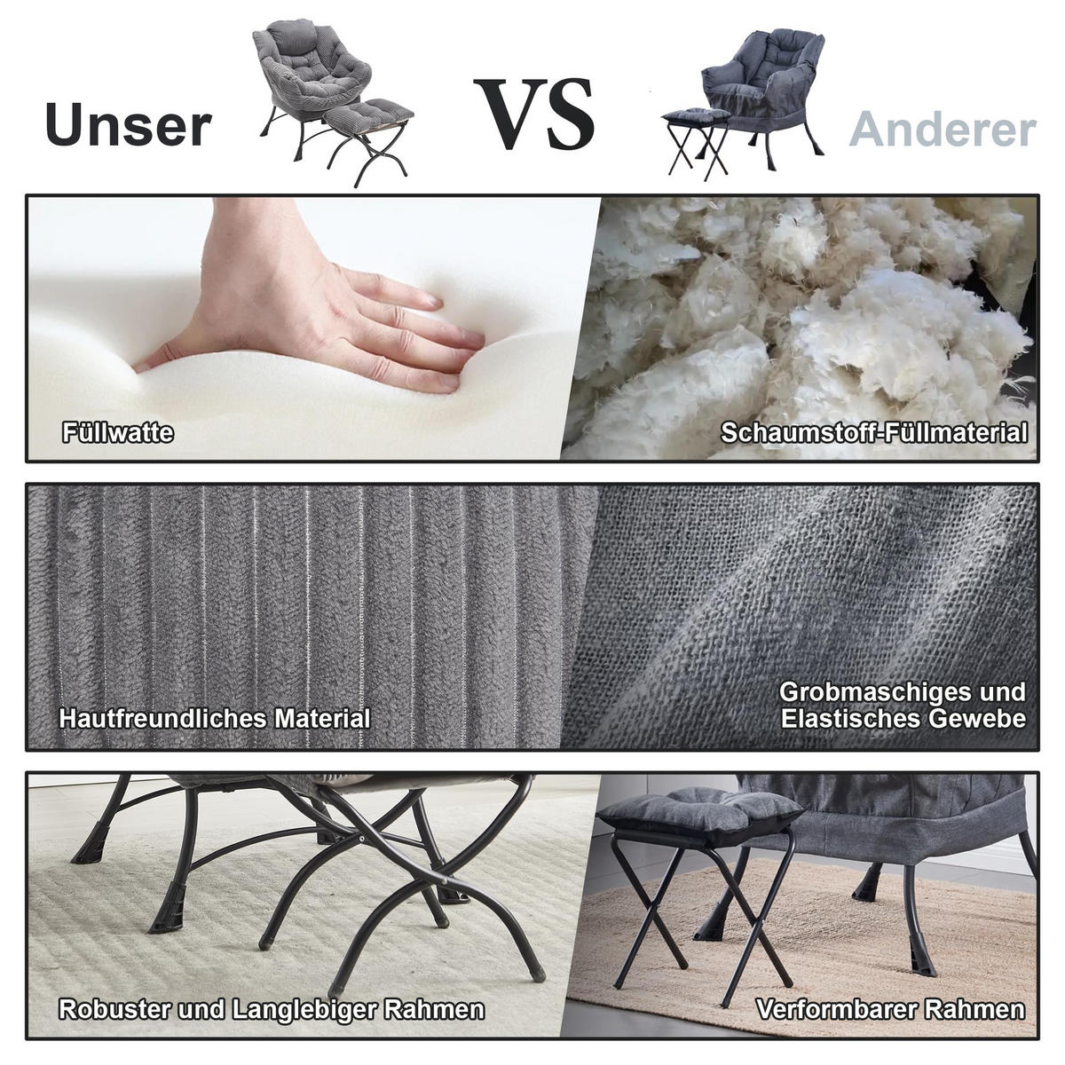 LOUNGESESSEL Relaxsessel mit Hocker,dicke Polsterung,Grau - Grau, Metall (70/95/64cm) - LVHOM