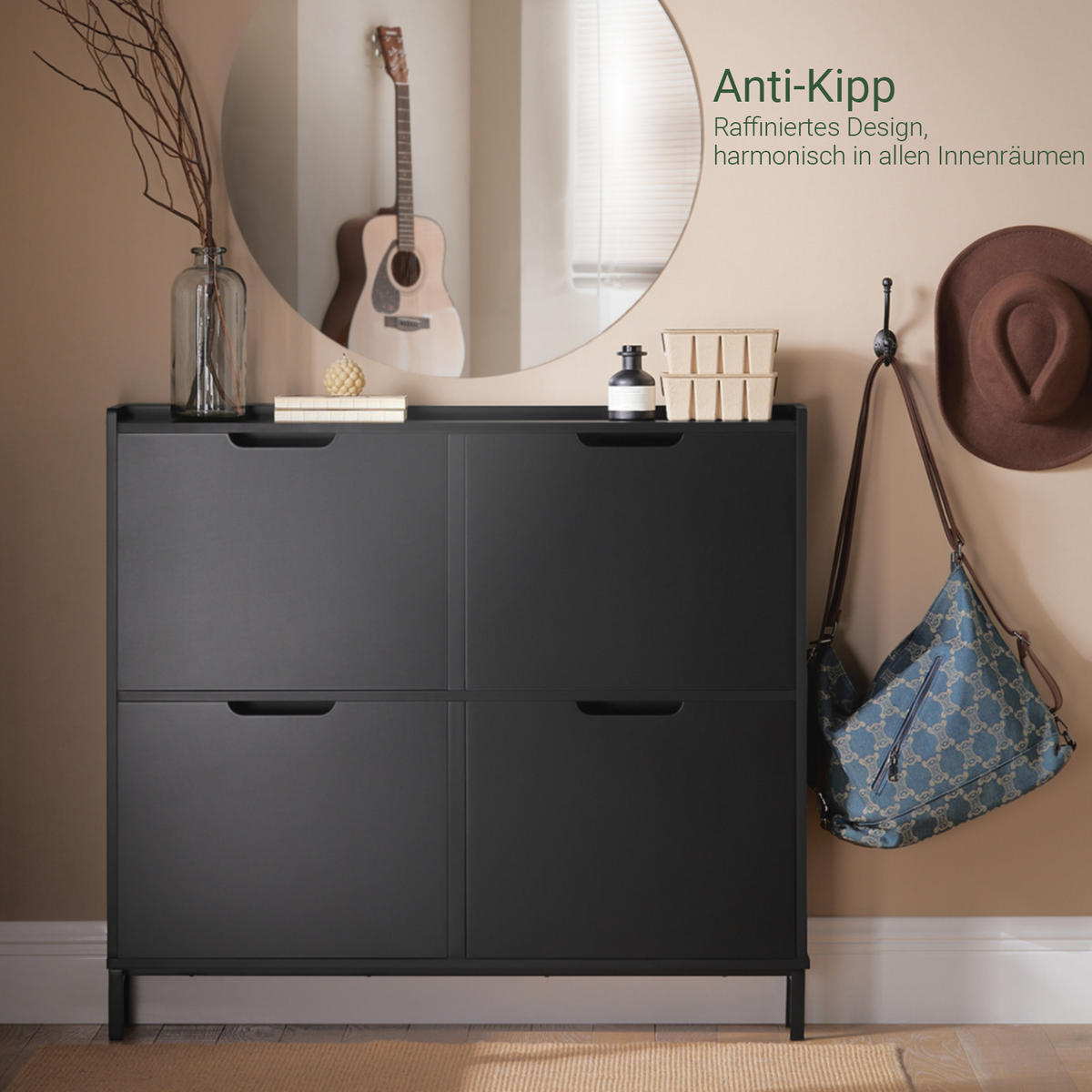 SCHUHKIPPER mit 4 Klappen, Schuhschrank schmal, 100x91x19cm Schwarz - Schwarz, Holzwerkstoff/Metall (100/91/19cm) - SoBuy