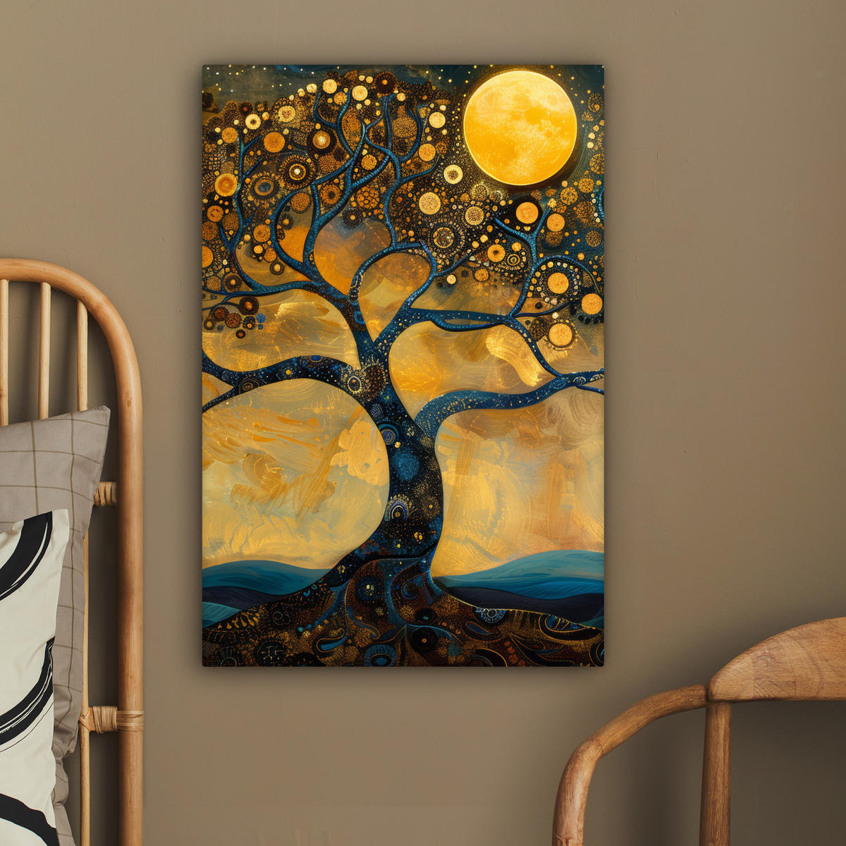 LEINWANDBILD Baum - Mond - Blumen - Gold - Kunst 40x60 cm - Orange, Textil (40/60cm) - MuchoWow