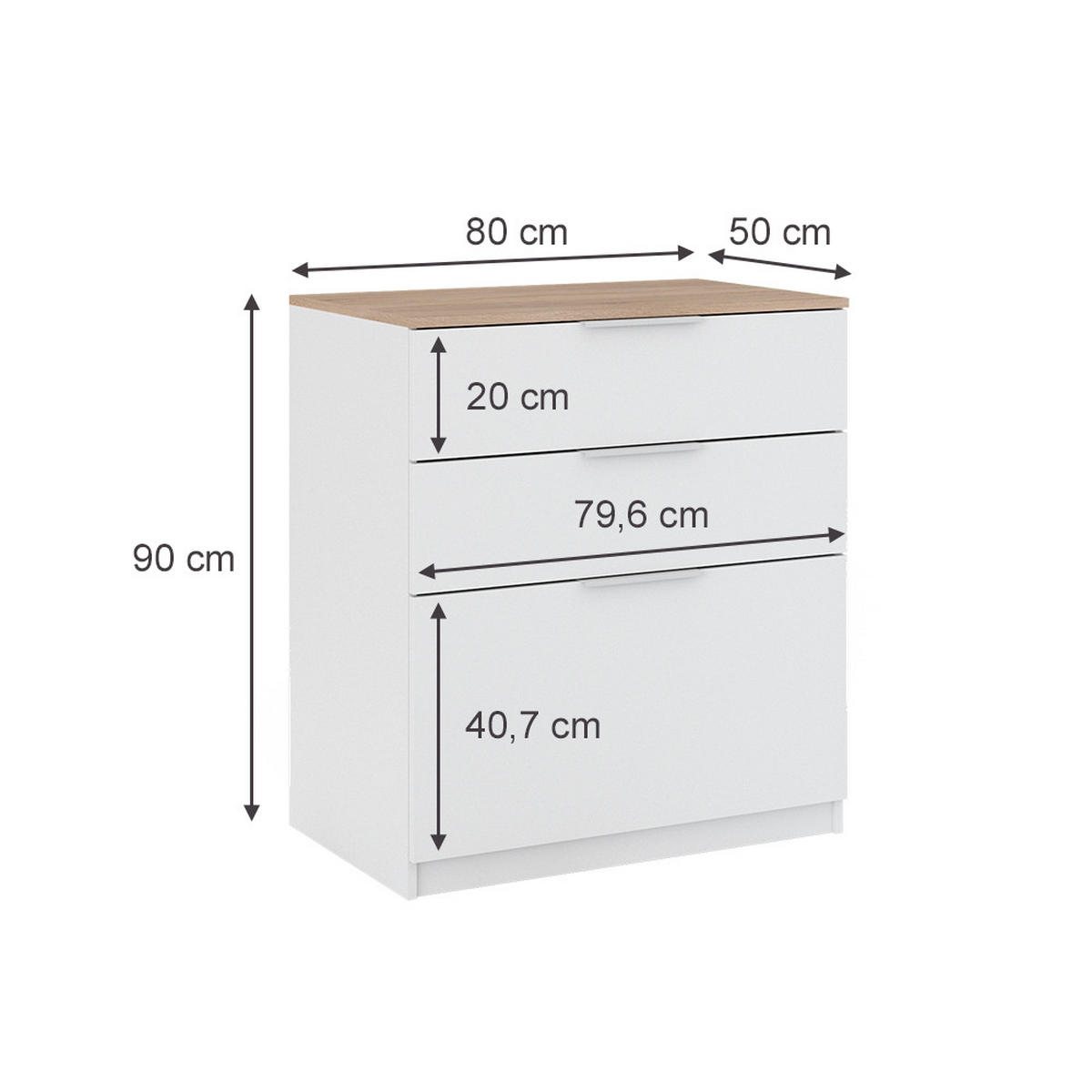 KOMMODE Betti Weiß/Sonoma 80 x 90 cm mit 3 Schubladen - Weiß/Sonoma Eiche, Holzwerkstoff (50/90/80cm) - Vicco