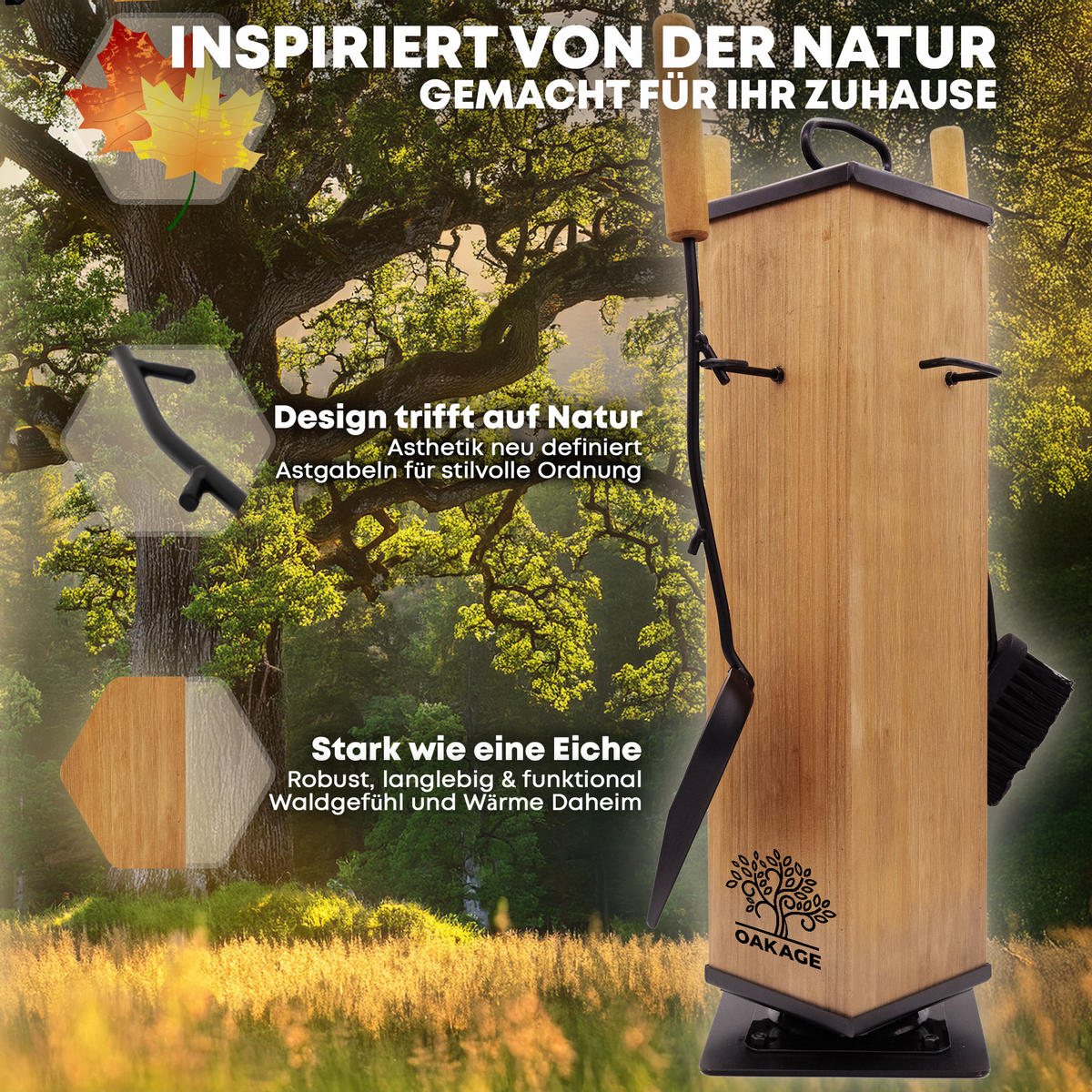 KAMINBESTECK FireMaster mit Zündholzkorb aus Filz - Dunkelgrau, Holz/Kunststoff (18/58/18cm) - OAKAGE