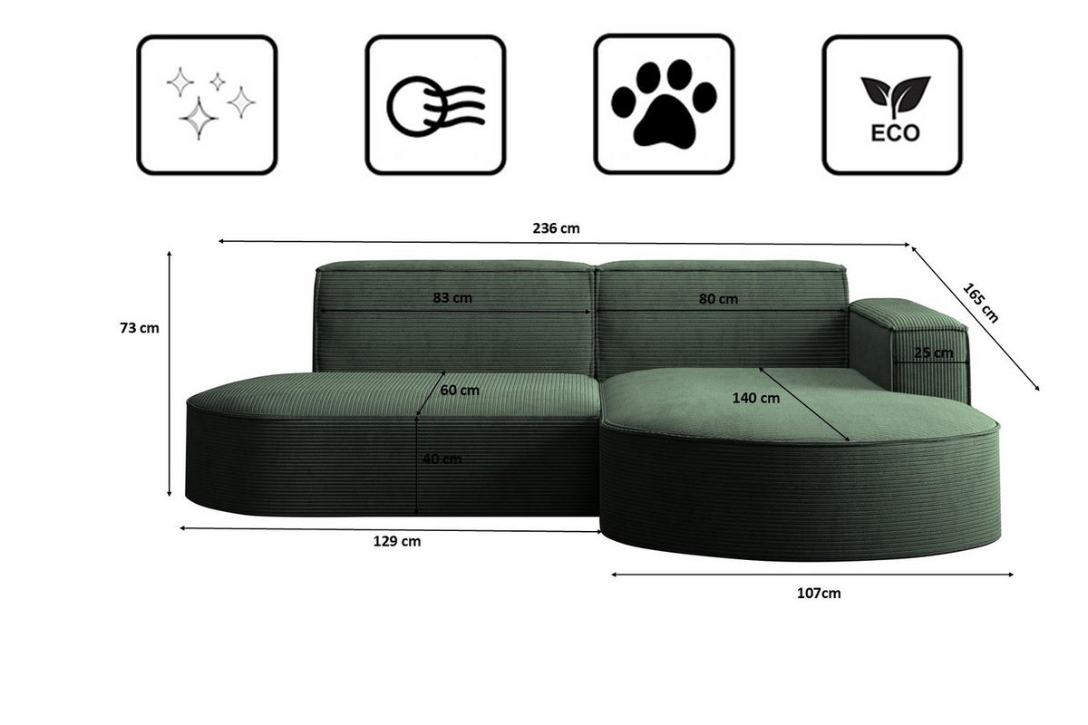 ECKSOFA Modena Studio, Cord Stoff Dunkelgrün Rechts - Dunkelgrün, Holzwerkstoff/Textil (236/165cm) - Kaiser Möbel