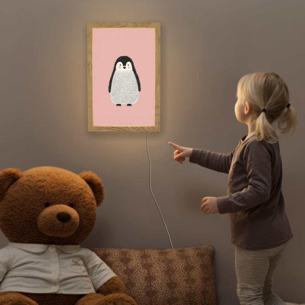 NACHTTISCHLAMPE Pinguin - Punkte - Minimalistisch - Rosa 20x30 cm - Rosa, Holzwerkstoff (8/20/30cm)