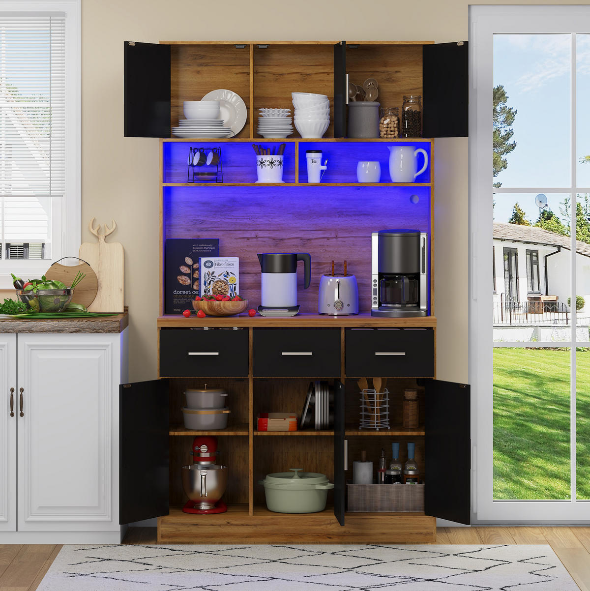 BUFFETSCHRANK aus MDF in Natur/Schwarz mit LED, Steckdosenleiste und Schubladen, 100/40/180 cm, Natur/Schwarz - Naturfarben, Holzwerkstoff (40/180/100cm) - Redom