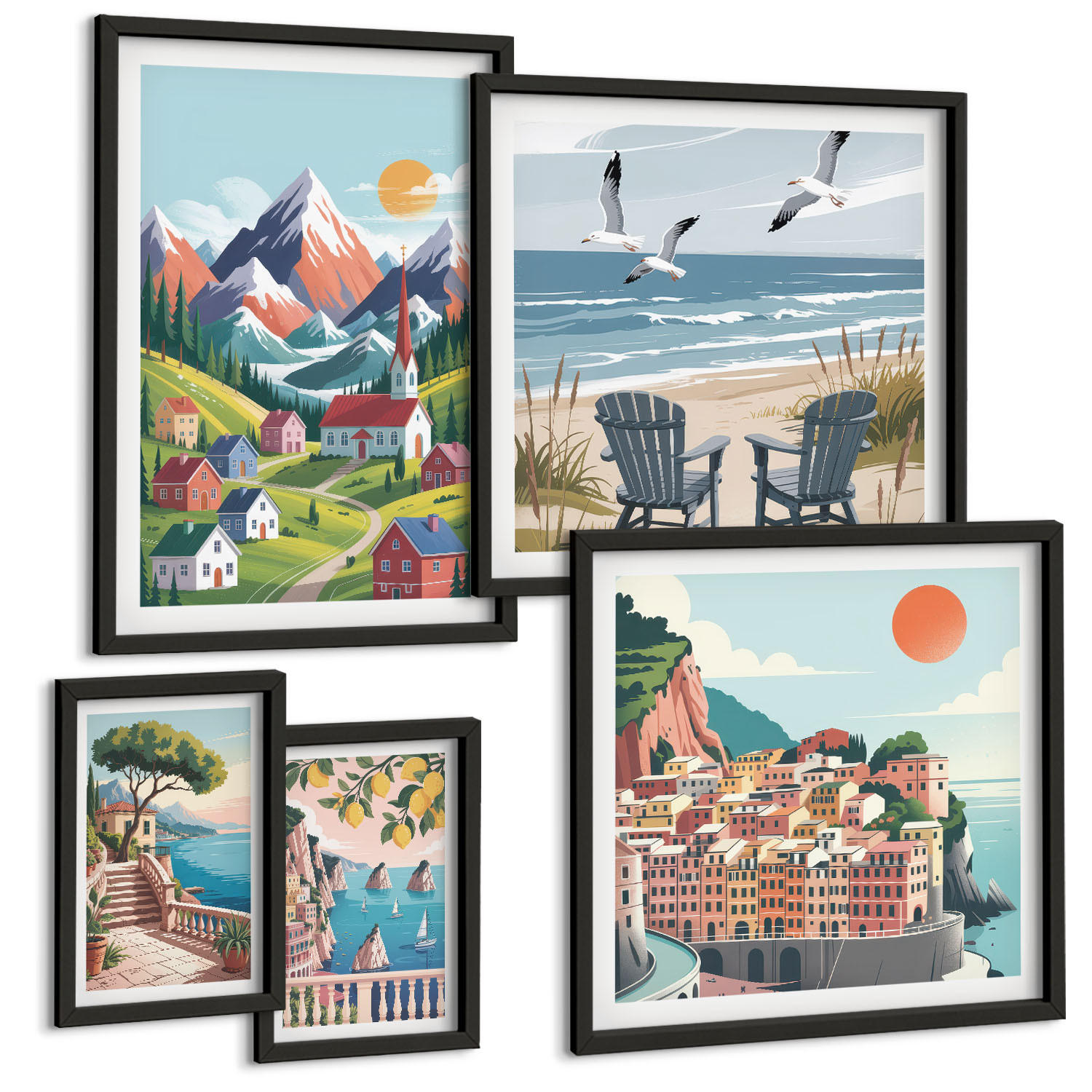 BILDER SET 5er Set - 50x50 cm & 20x30 cm & 40x60 cm Schwarzer Rahmen - Pastellfarbene Küstenhäuser - Schwarz, Kunststoff (40/60cm) - TULUP