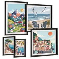 BILDER SET 5er Set - 50x50 cm & 20x30 cm & 40x60 cm Schwarzer Rahmen - Pastellfarbene Küstenhäuser - Schwarz, Kunststoff (40/60cm) - TULUP