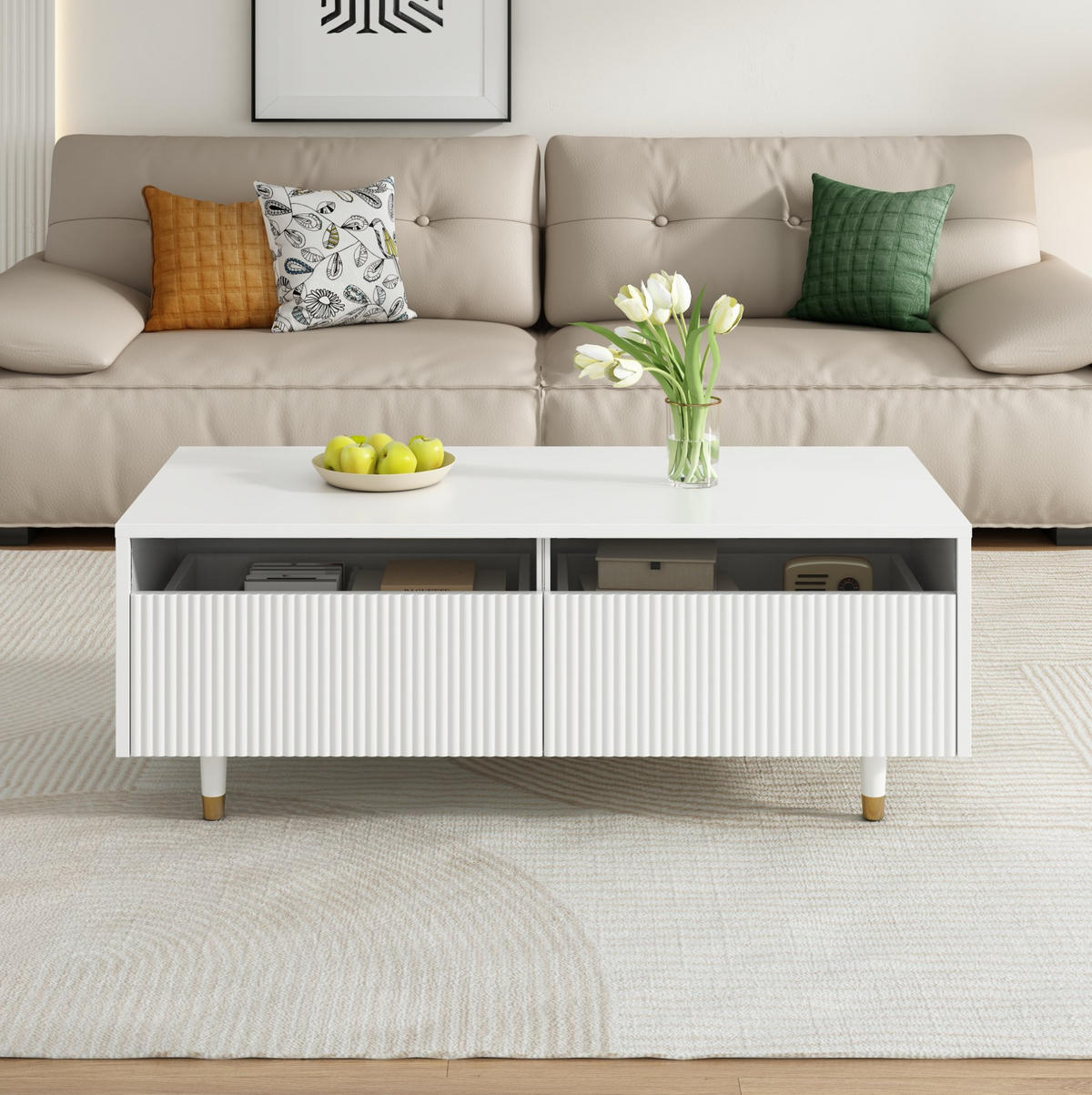 COUCHTISCH 110/50/40 cm in Weiß mit LED-Beleuchtung und 2 Schubladen - Weiß, Holzwerkstoff (110/50/40cm) - Flora Grace