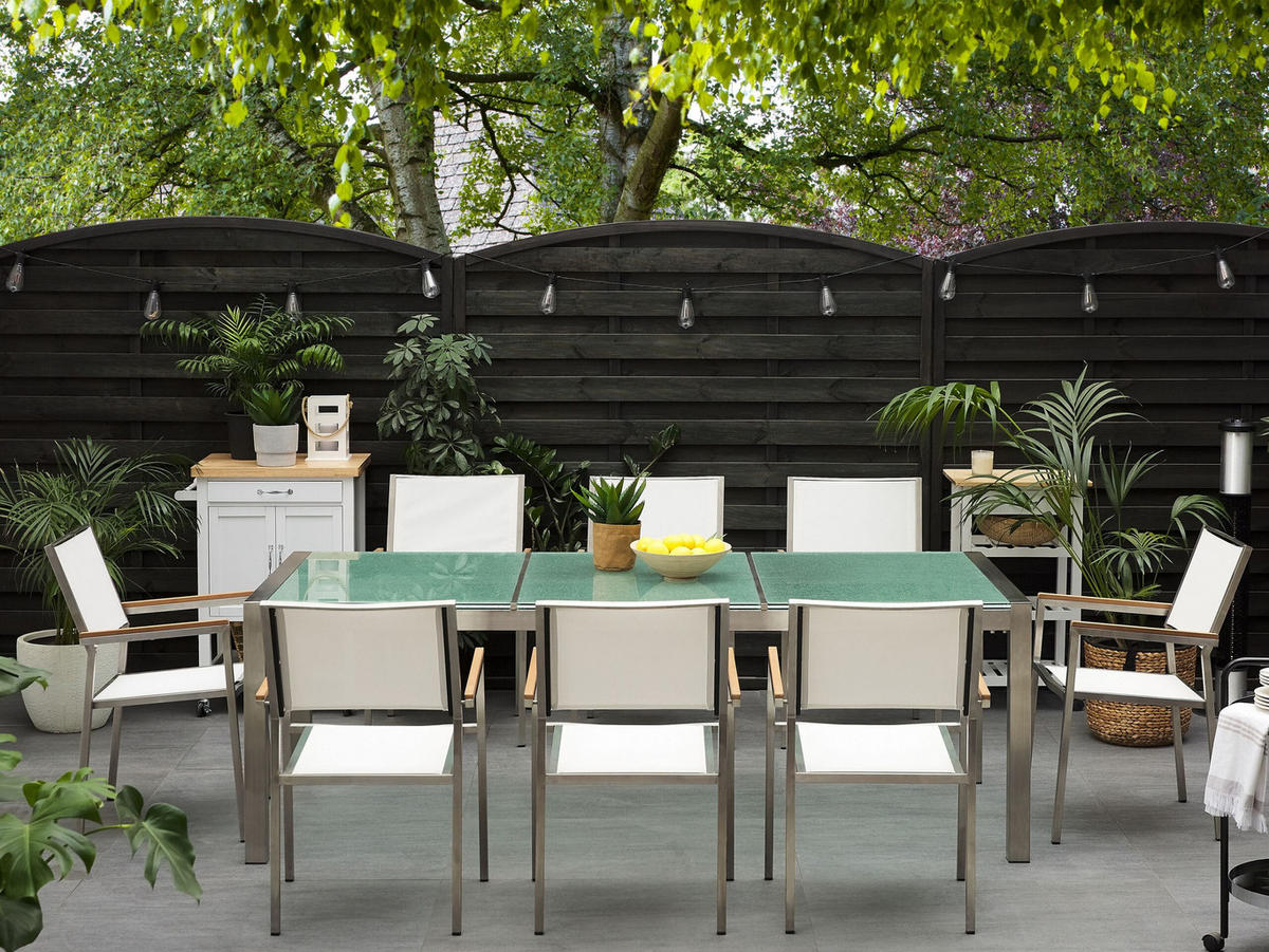 GARTENMÖBEL SET 8-Sitzer Crashglas Textilbespannung weiß Grosseto - Transparent/Silberfarben, Glas - Beliani