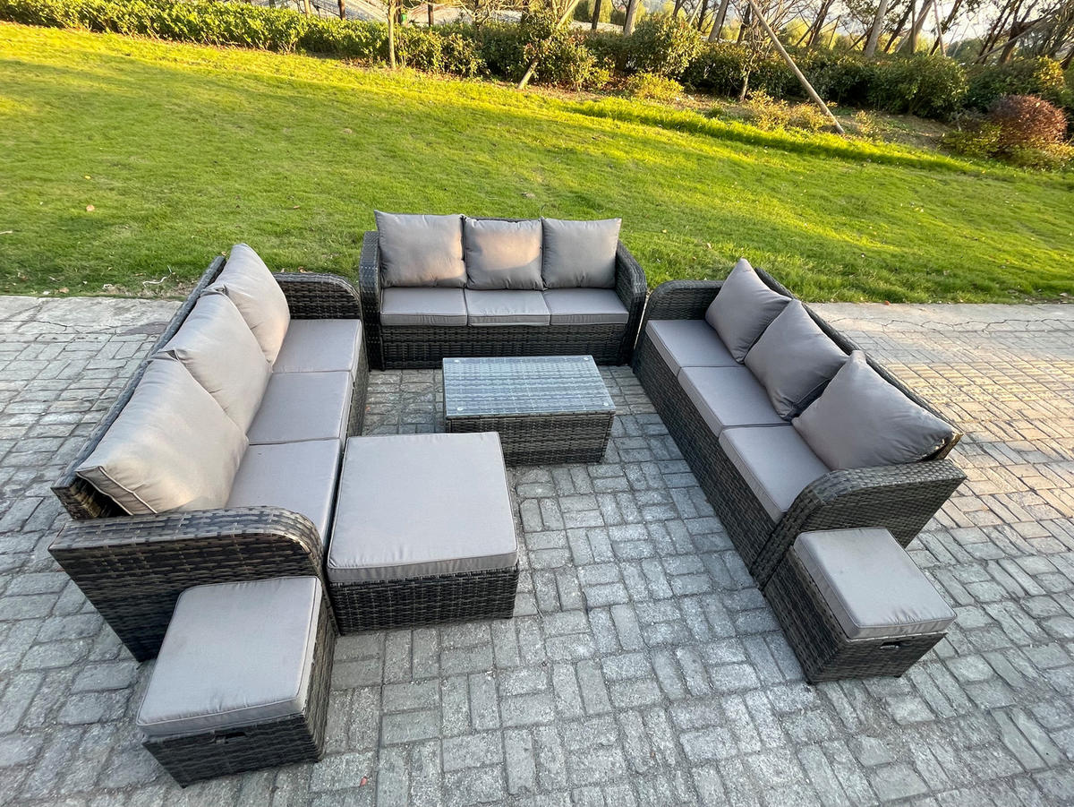 GARTENMÖBELGARNITUR mit KISSEN Polyrattan Dunkelgrau 12-Sitzer - Dunkelgrau/Grau, Glas/Kunststoff - Fimous