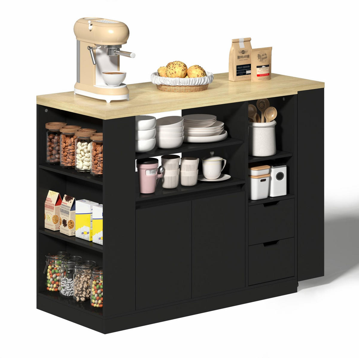 KÜCHENINSEL 115/50/92 cm aus MDF mit dreh- und ausziehbarer Arbeitsplatte Schwarz/Natur - Schwarz, Holzwerkstoff (115/92/50cm) - Modenvie