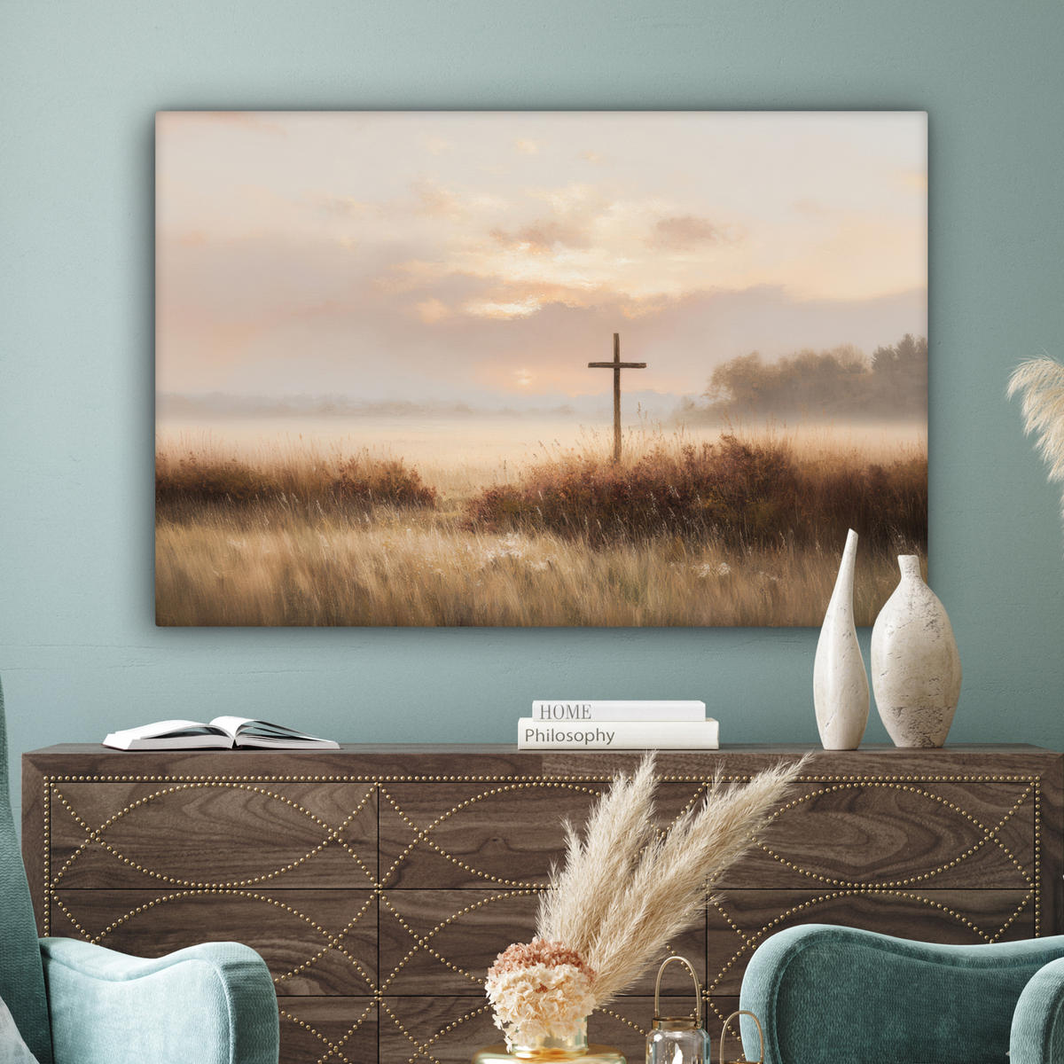 LEINWANDBILD Gras - Morgennebel - Kreuz - Christentum Wohnzimmer Groß 120x80 cm - Beige, Textil (120/80cm) - MuchoWow
