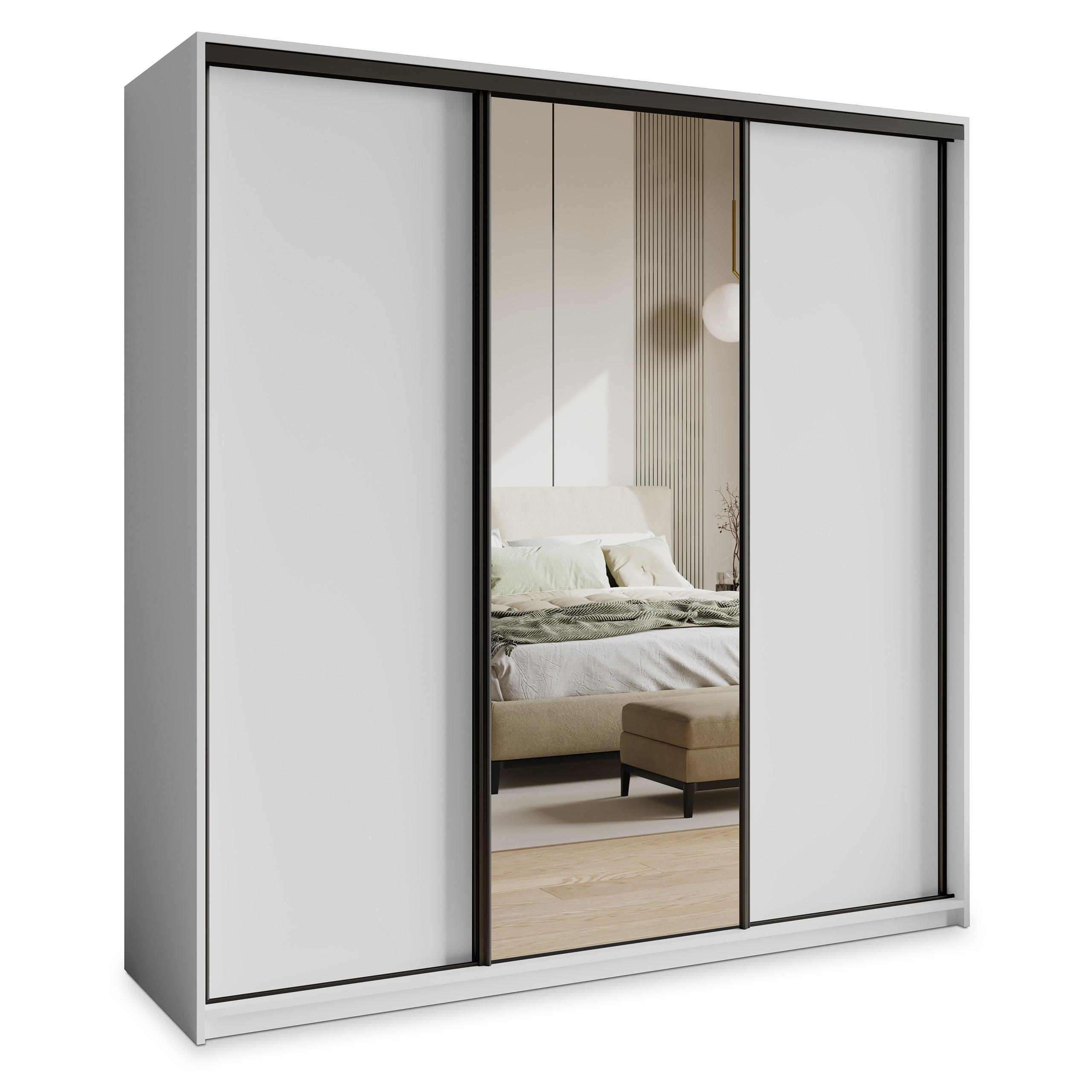 SCHWEBETÜRENSCHRANK TAVI 180/205/60 cm 3-türig mit Spiegel und Schubladen Weiß - Schwarz/Weiß, Holzwerkstoff (180/205/60cm) - MASSENO