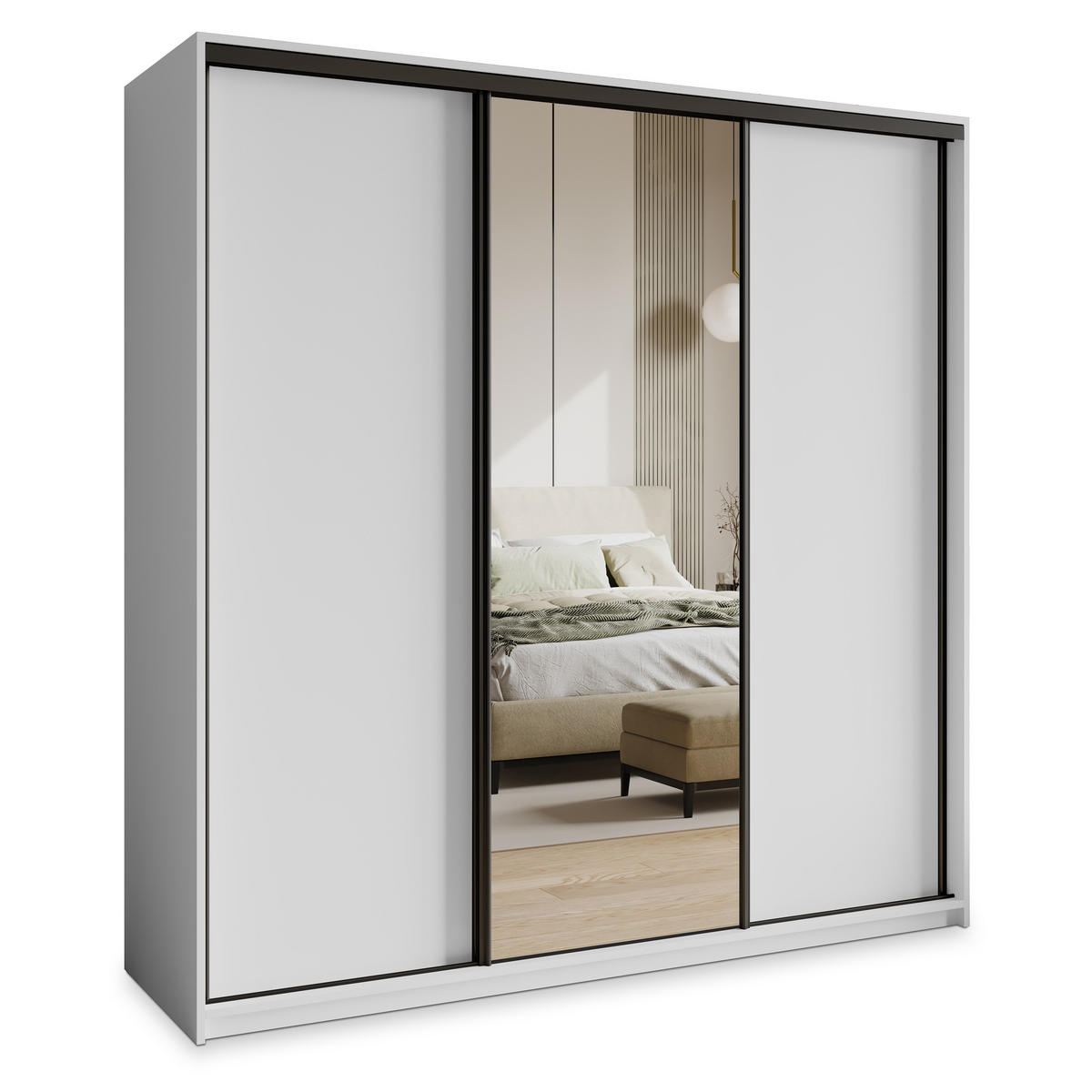 SCHWEBETÜRENSCHRANK TAVI 200/205/60 cm 3-türig mit Spiegel Weiß - Weiß, Holzwerkstoff (200/205/60cm) - MASSENO