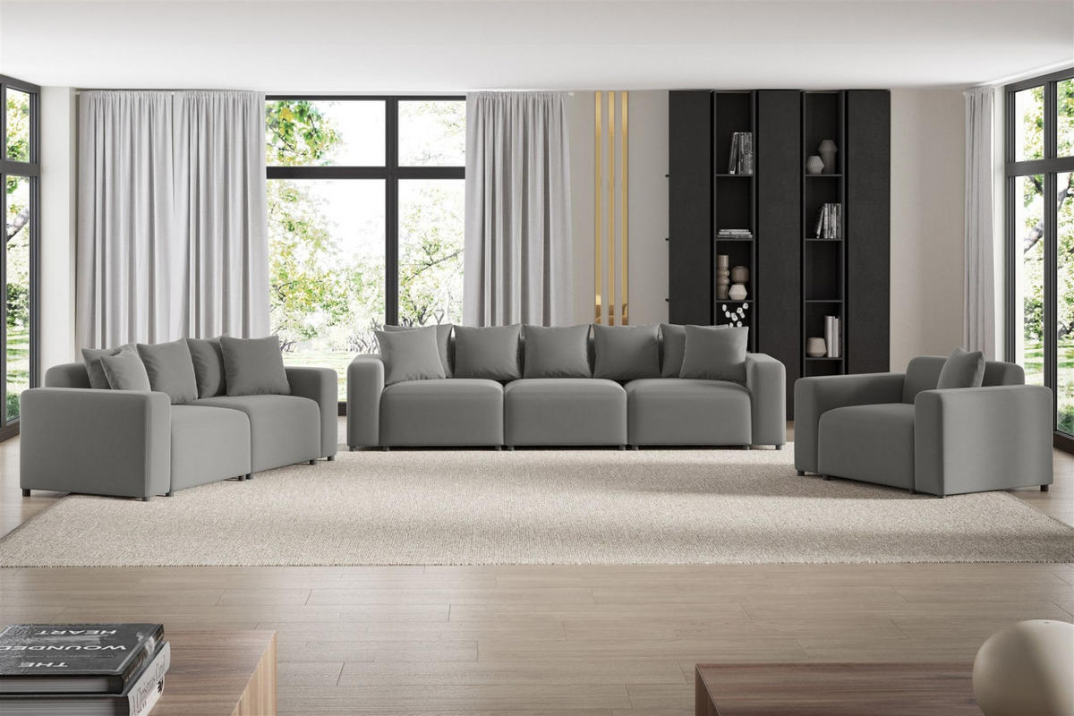 SOFASET Megan 3-2-1 In Salvador - Grau, Holzwerkstoff/Textil (327/75/98cm) - Fun Möbel