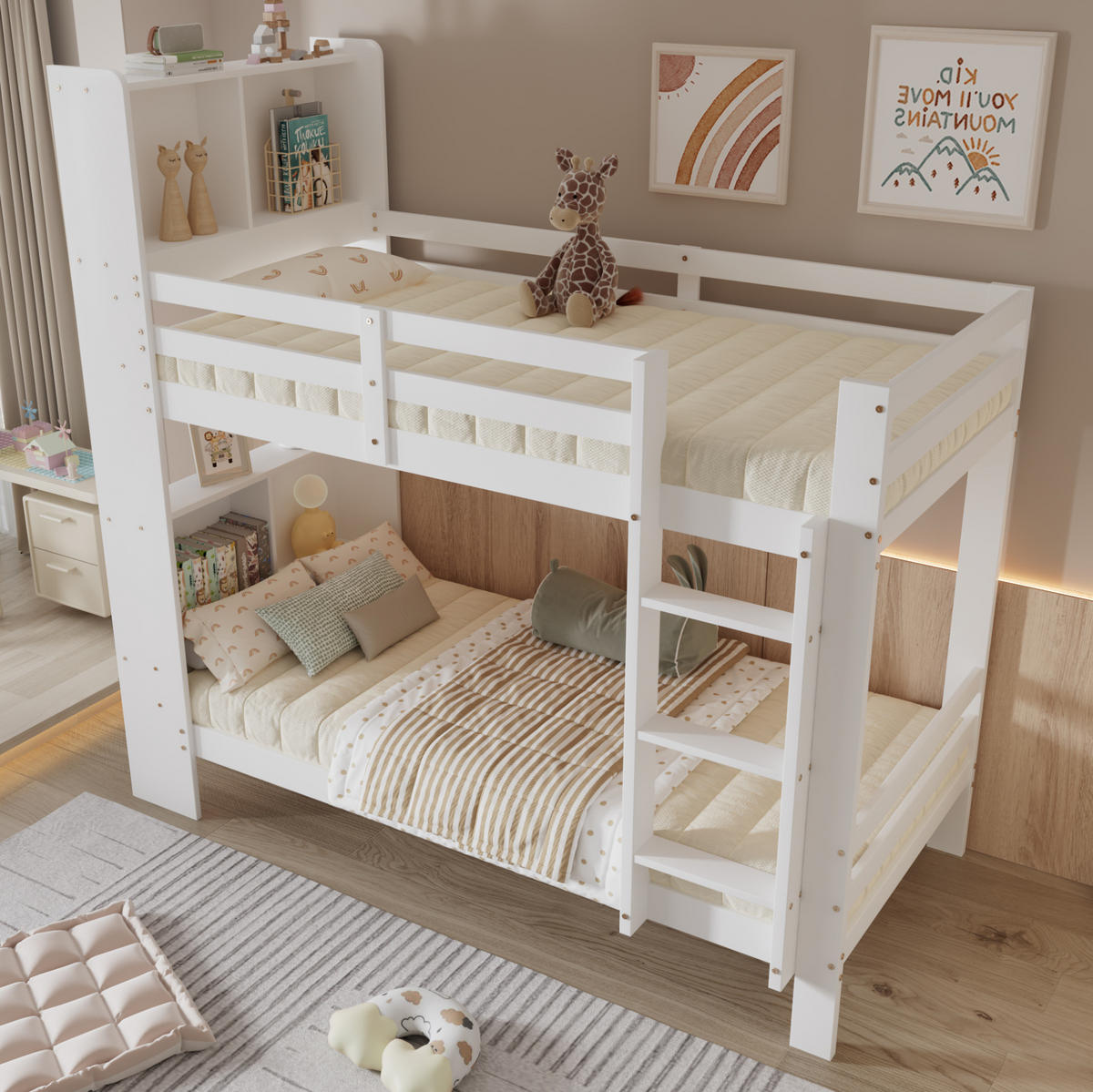 ETAGENBETT 90/200 cm in Weiß mit Regalen und rechtwinkliger Leiter - Weiß, Holzwerkstoff (90/200cm) - BEAOK