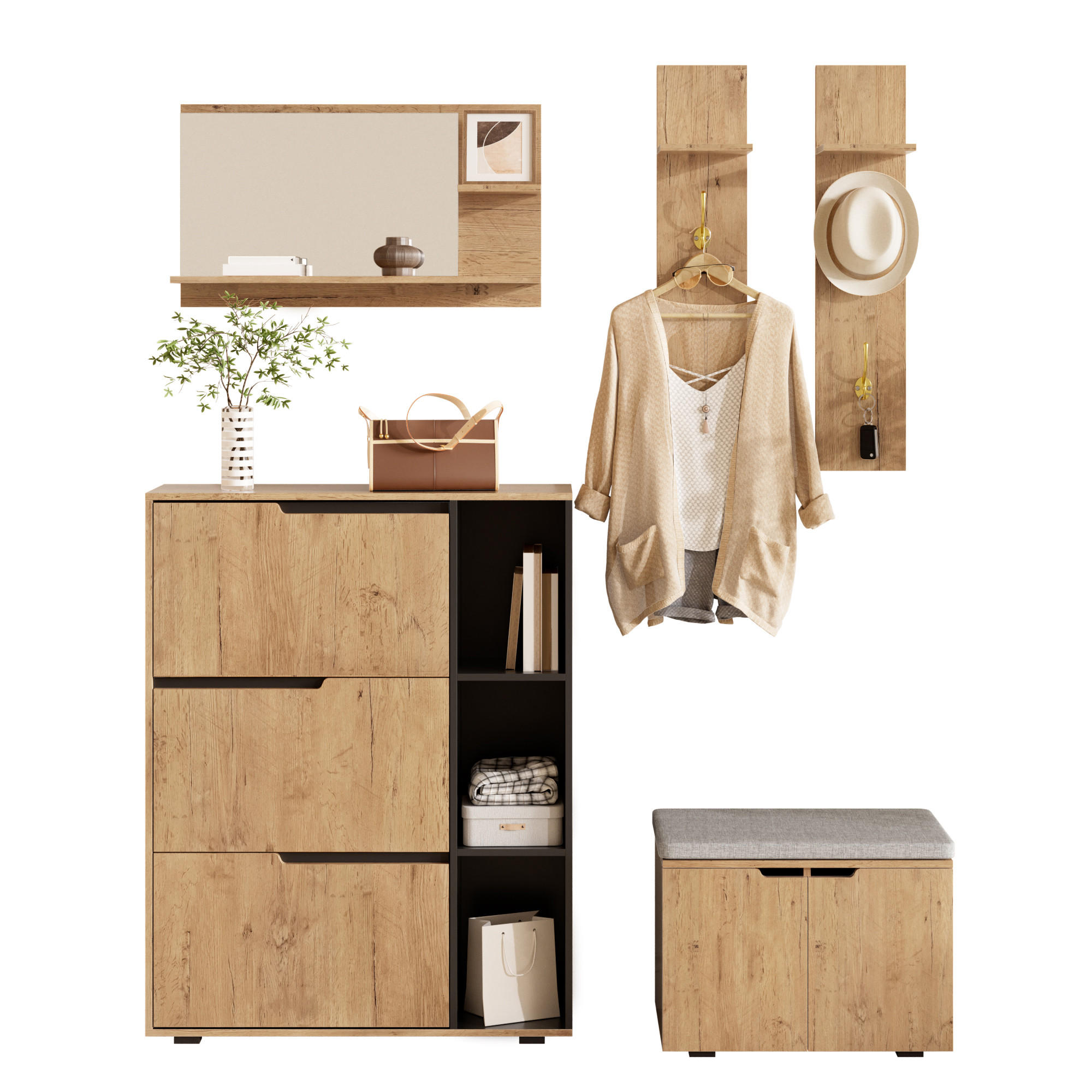 Flieks Garderobe Schwarz, Natur 150x161.5x35 cm