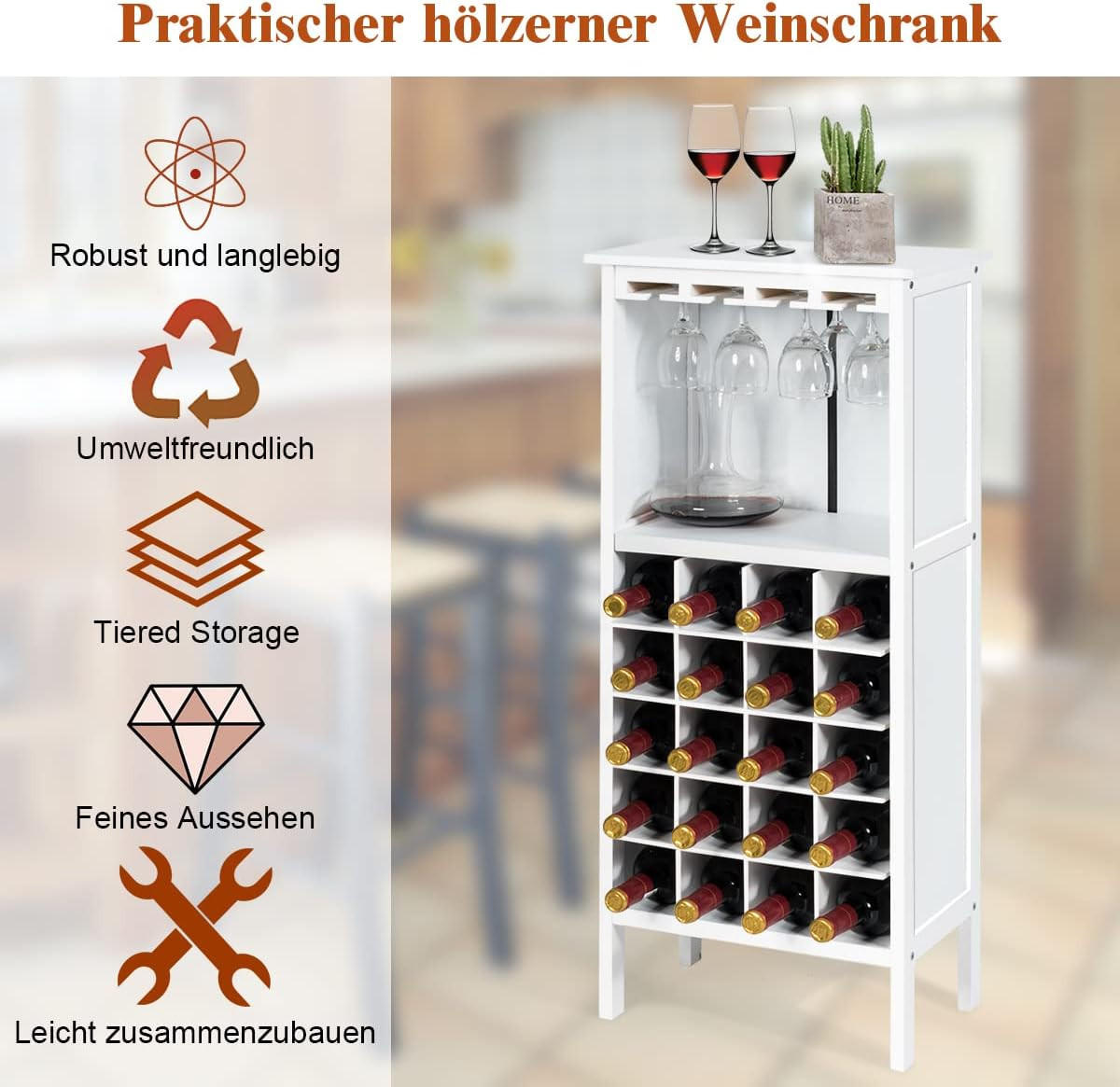 WEINSCHRANK für 20 Flaschen Weiß - Weiß, Holz (25/96/42cm) - COSTWAY