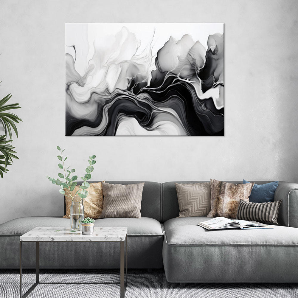 LEINWANDBILD Tinte abstrakt schwarz und weiß 90x60cm - Schwarz, Textil (90/60cm) - Feeby