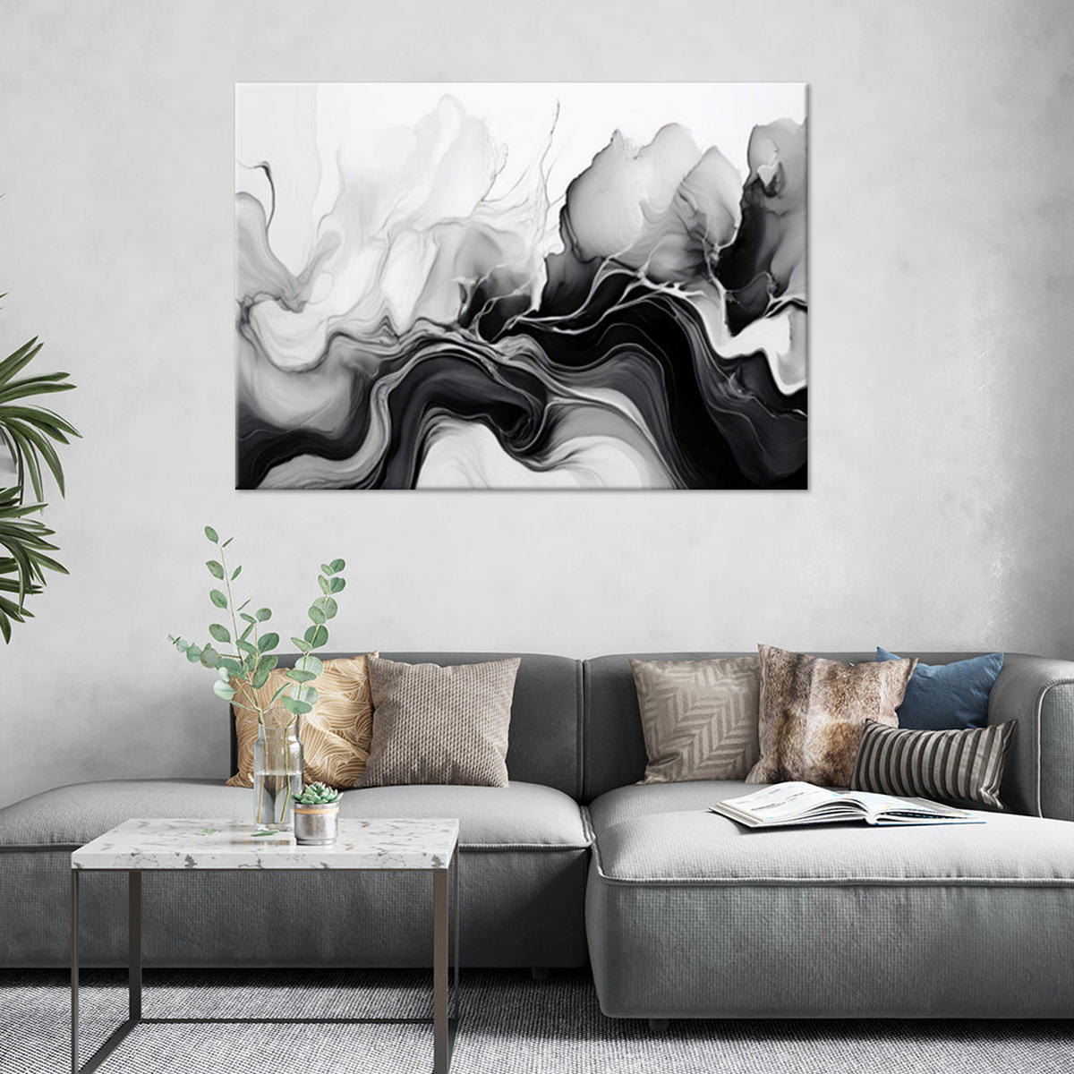 LEINWANDBILD Tinte abstrakt schwarz und weiß - Schwarz, Textil (90/60cm) - Feeby