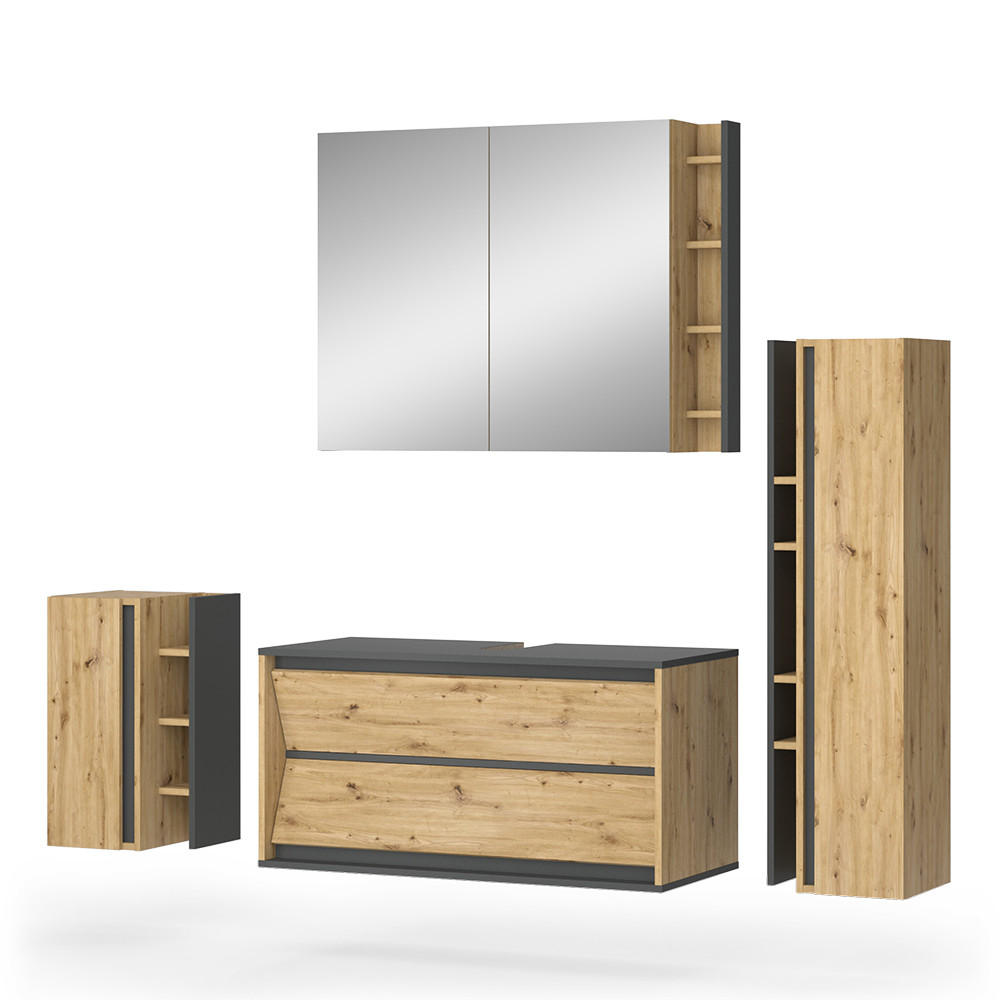SET MOBILIER BAIE Edelin, antracit/Stejar artizanal, 4 piese